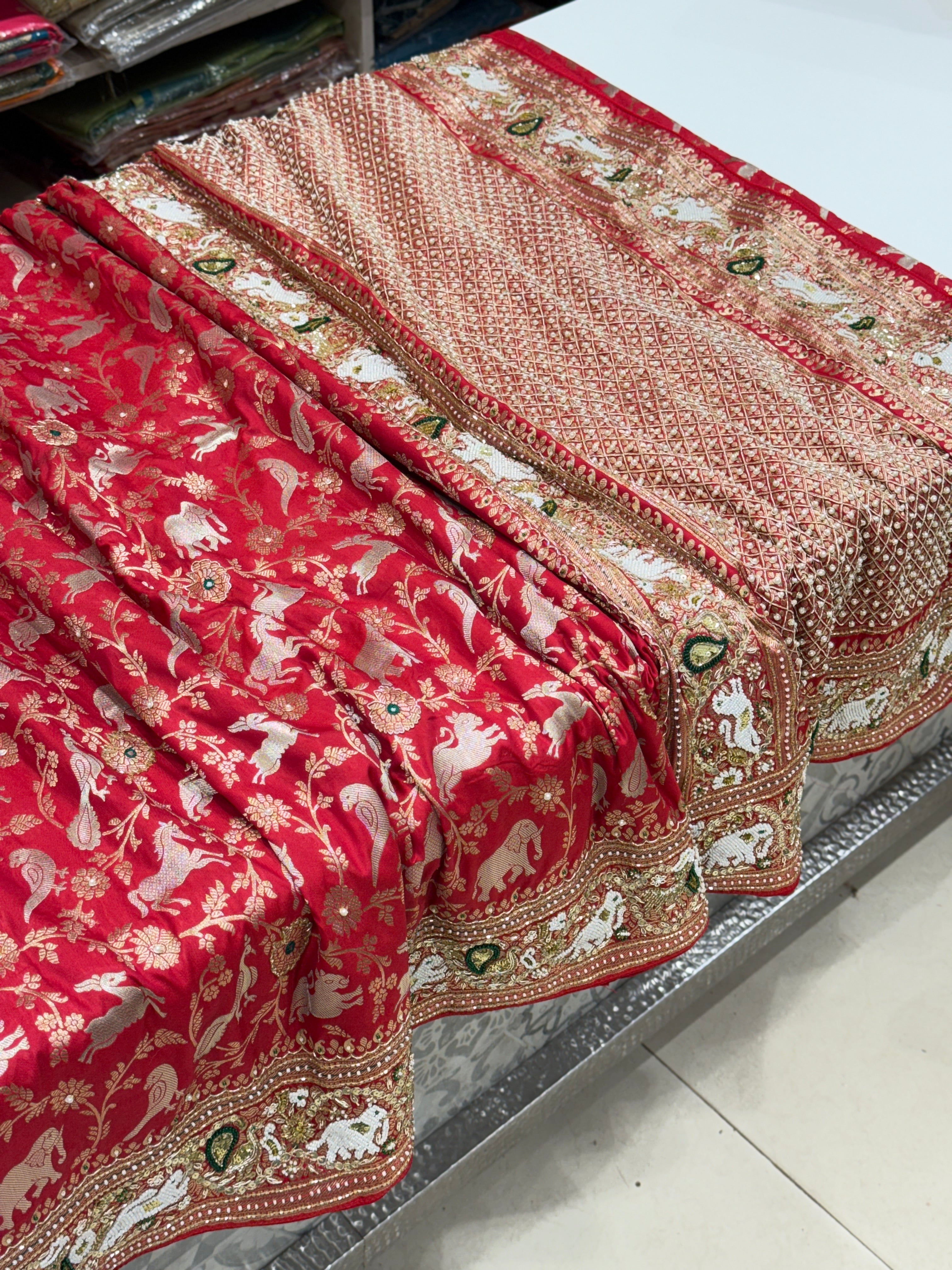 Red Banarasi Shikara Moti Embroidery