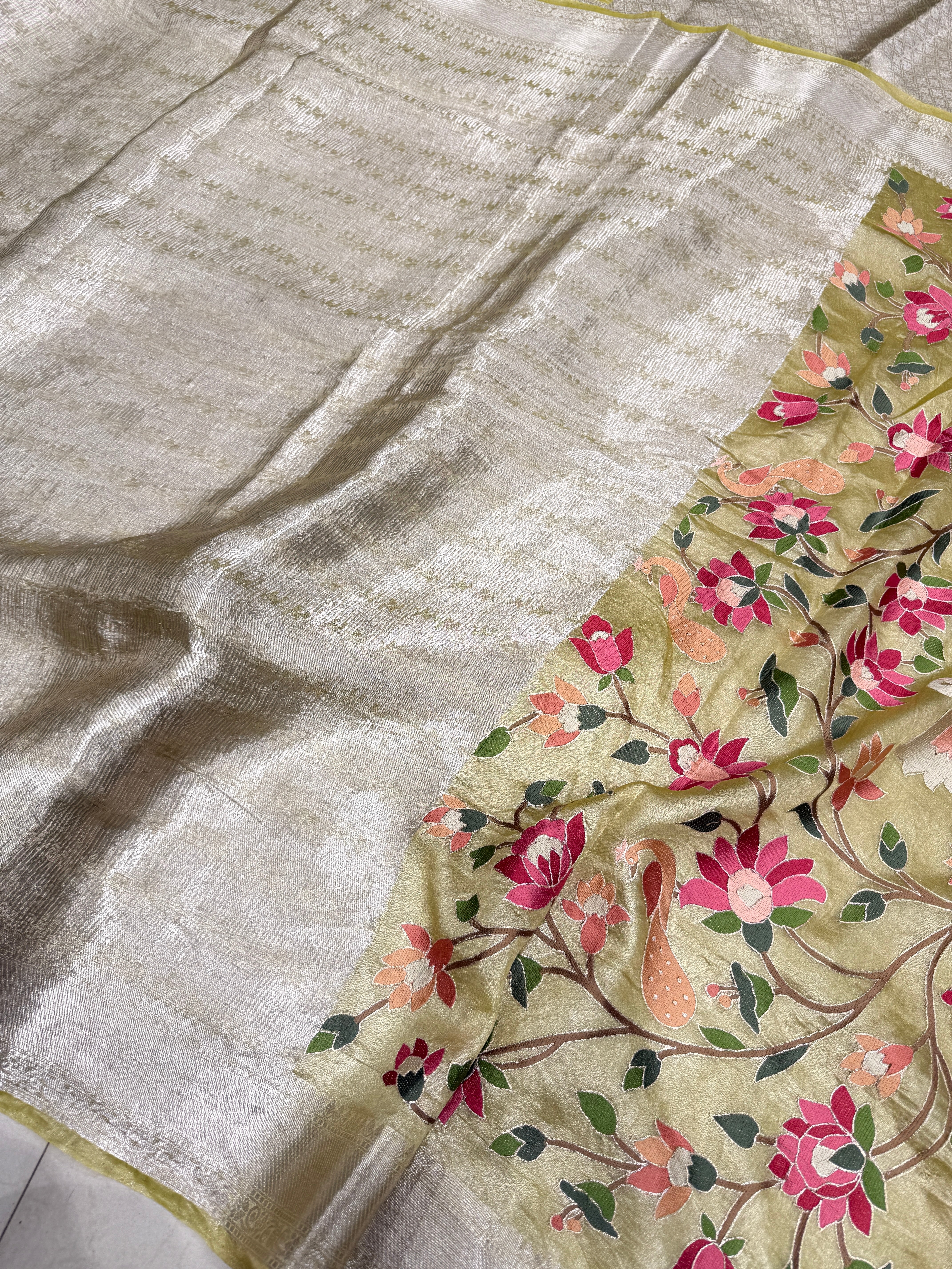 Yellow Silver Handloom Tissue Swans Contemporary Resham Embroidery Saree