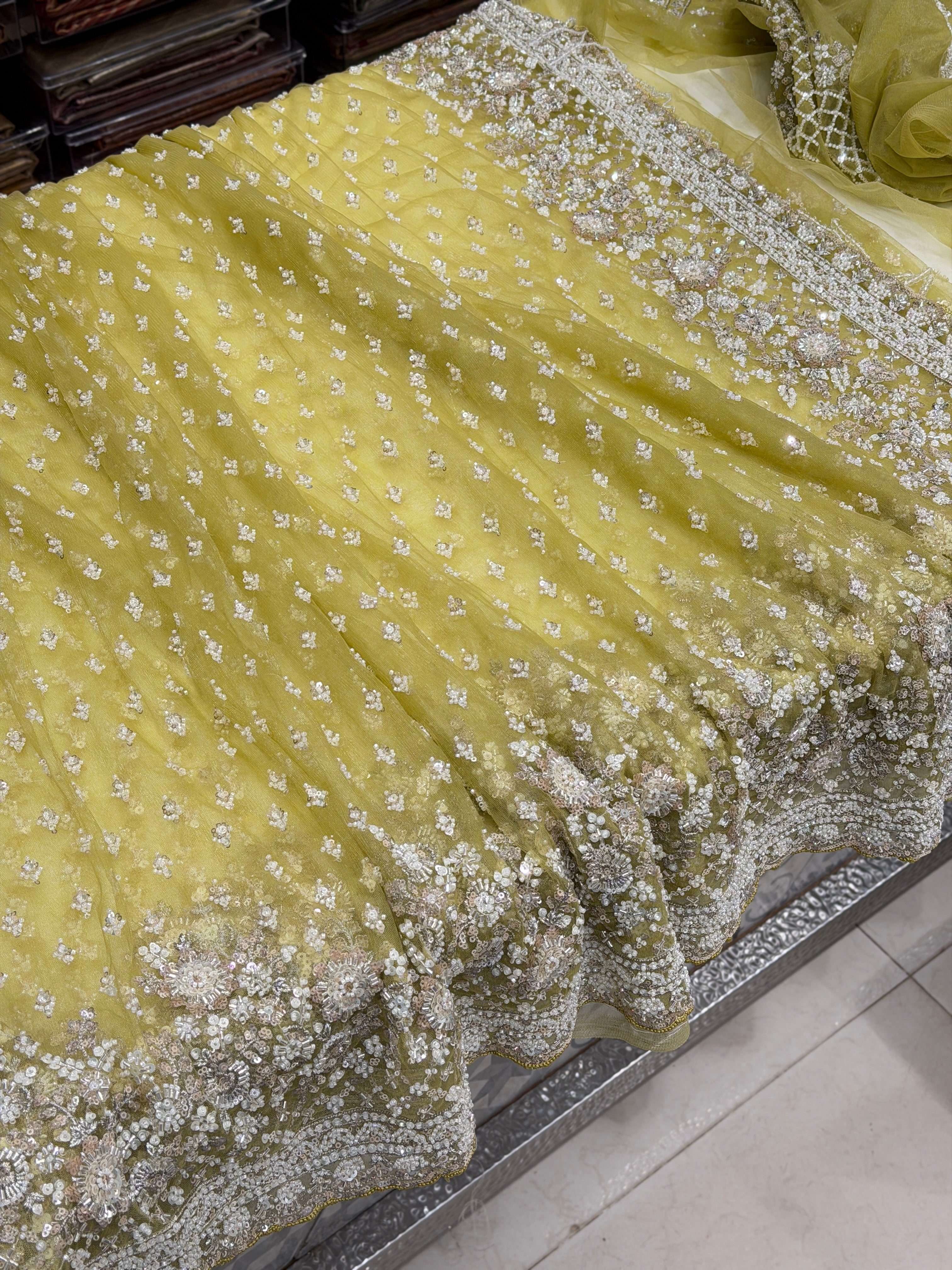 Mint Green Net Moti Sequin Jaal Embroidery Saree with Heavy Blouse