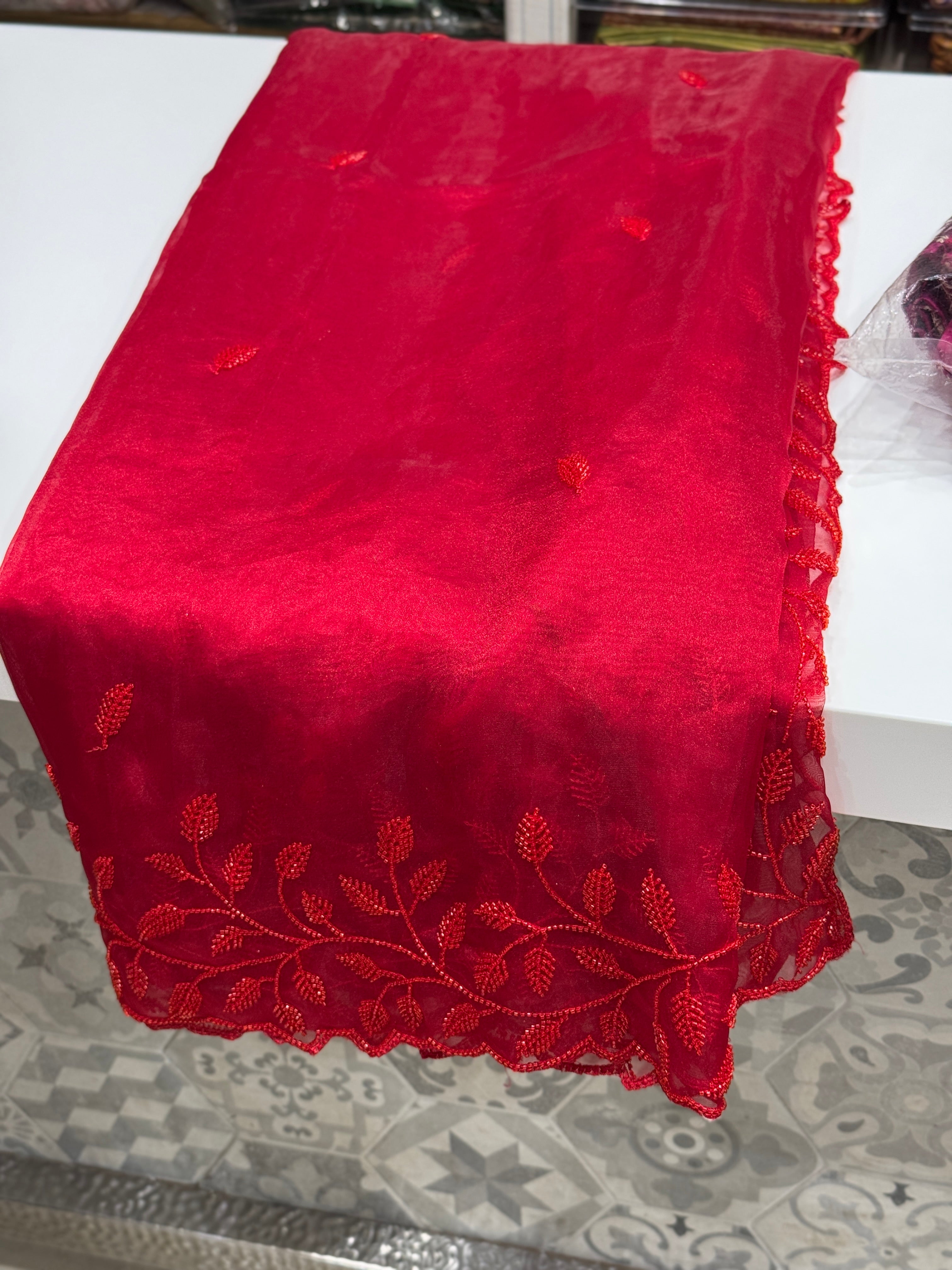 Red On Red Tissue Organza Self Work Saree