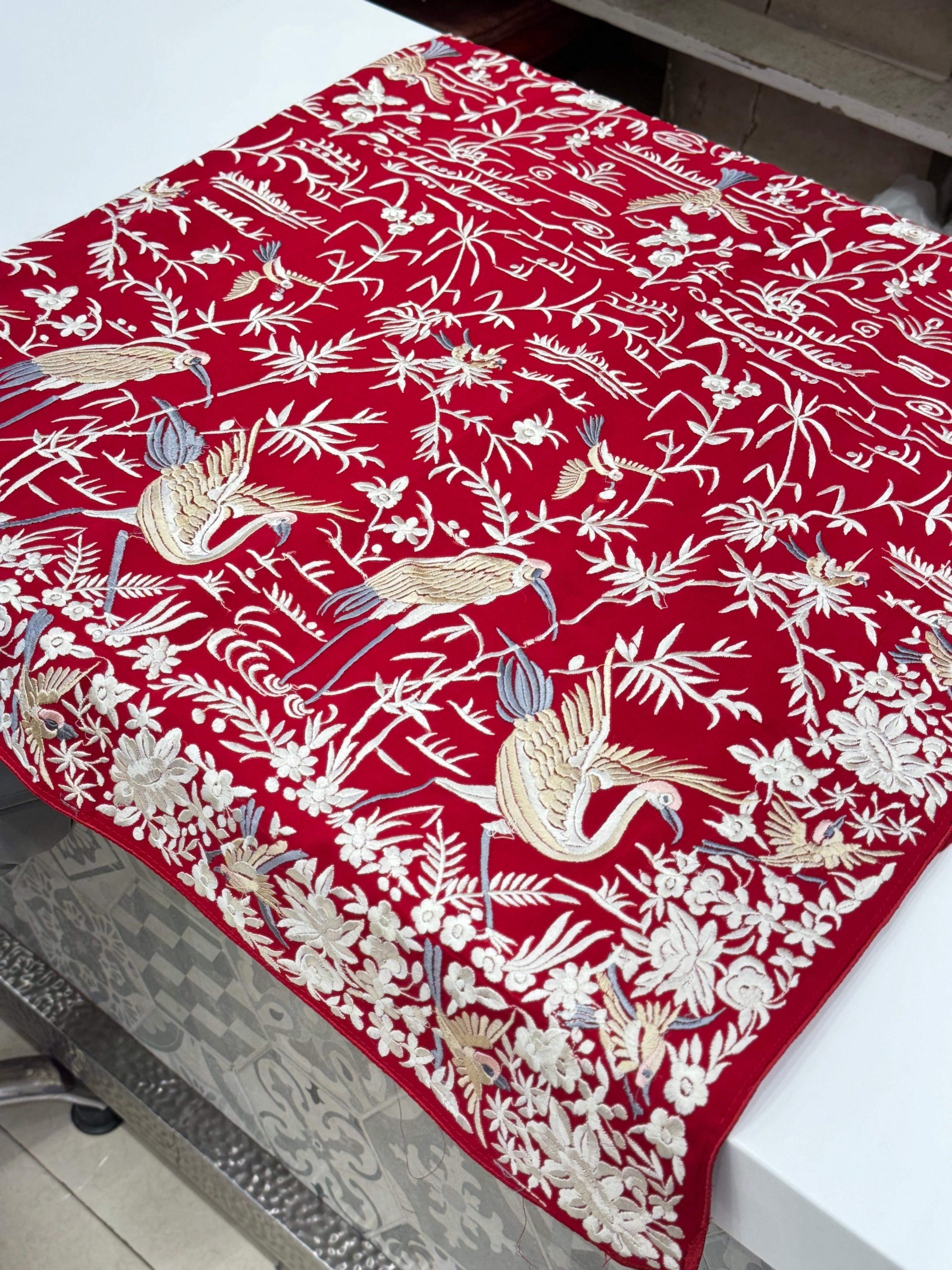 Red Georgette Parsi Gara with Bird Embroidery