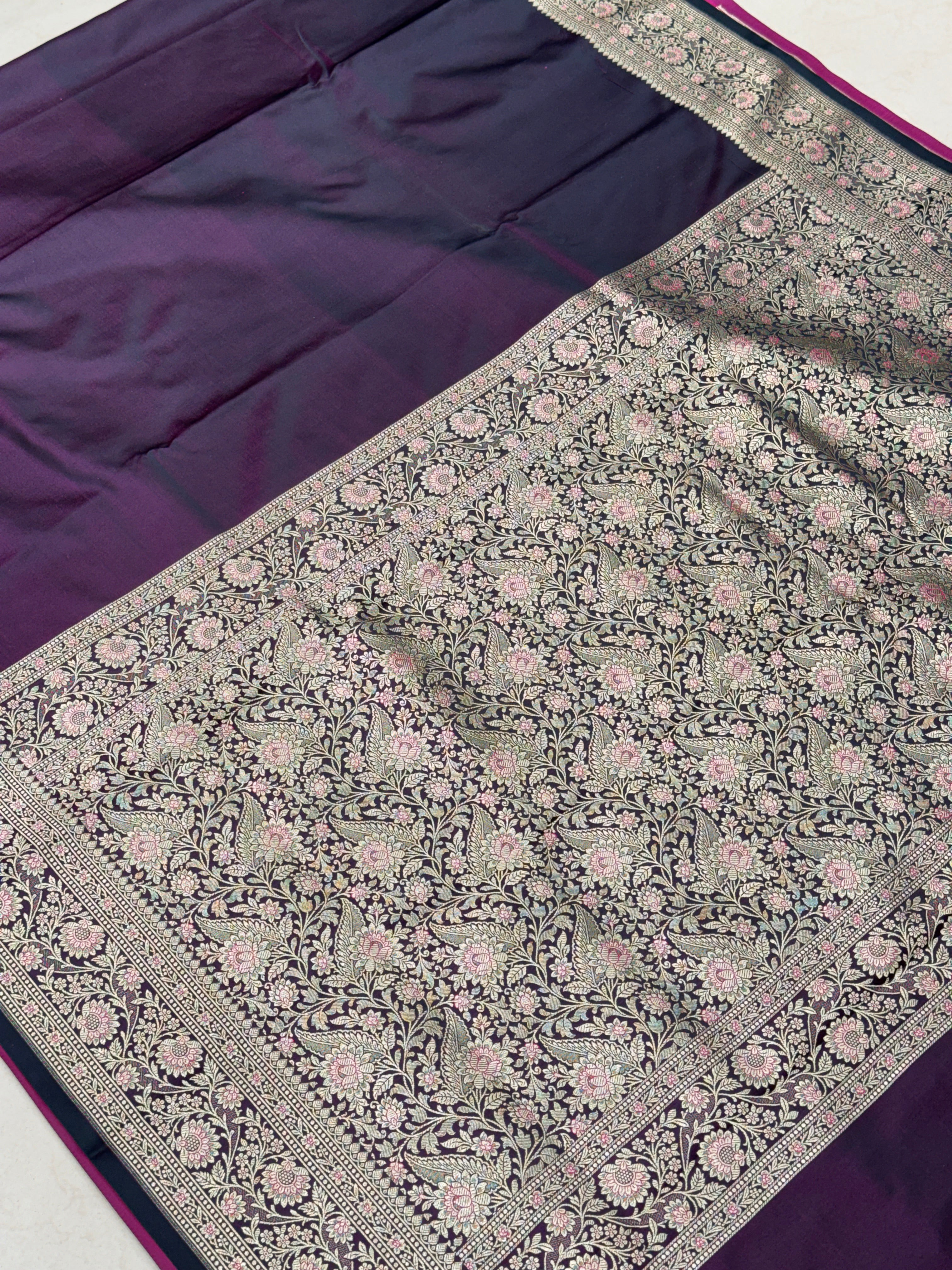 Purple Dhup Chav Banarasi Plain Upside Down Border Saree