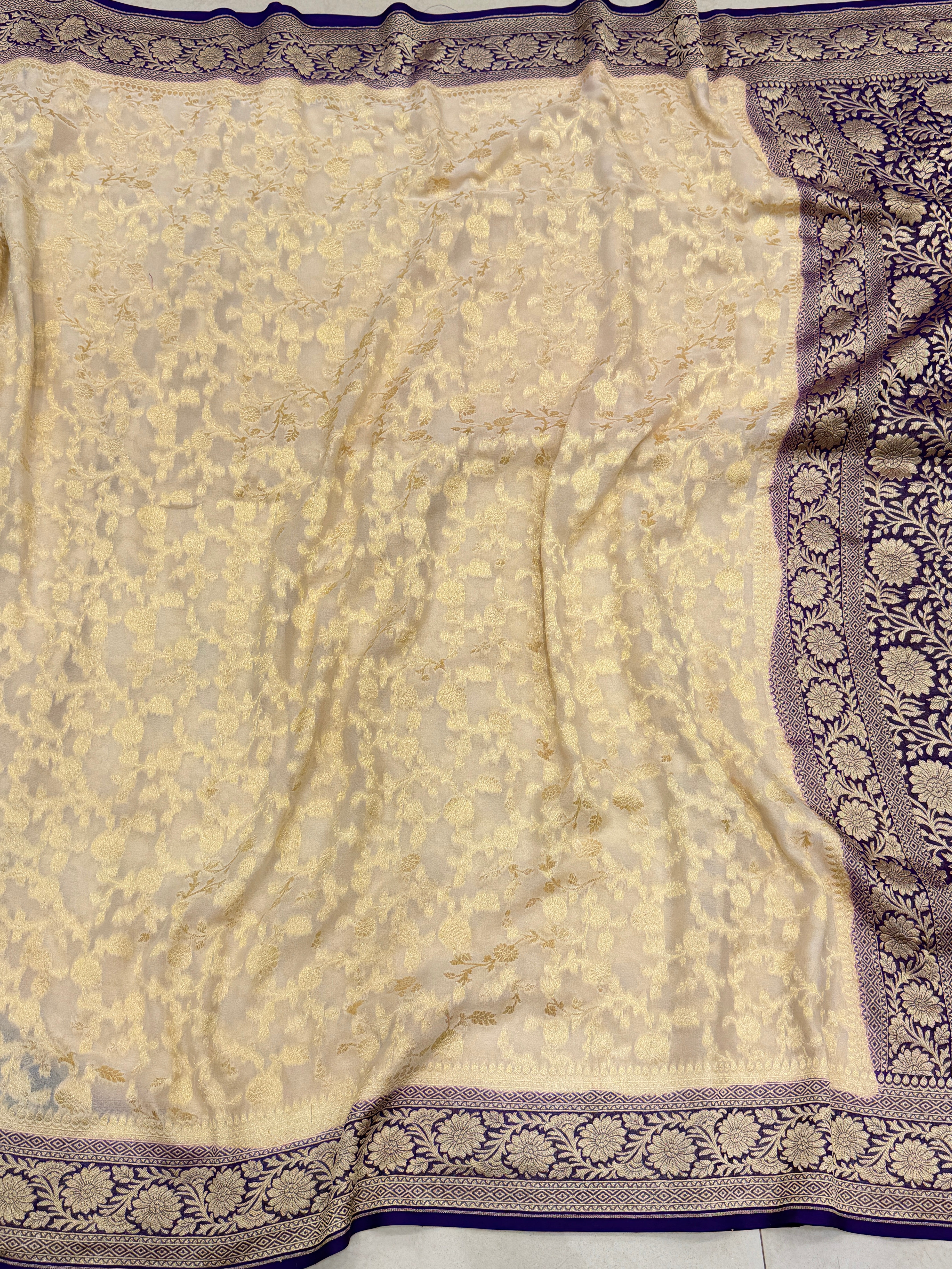 Beige Violet Mughal Jaal Handloom Banarasi Khaddi Georgette Saree