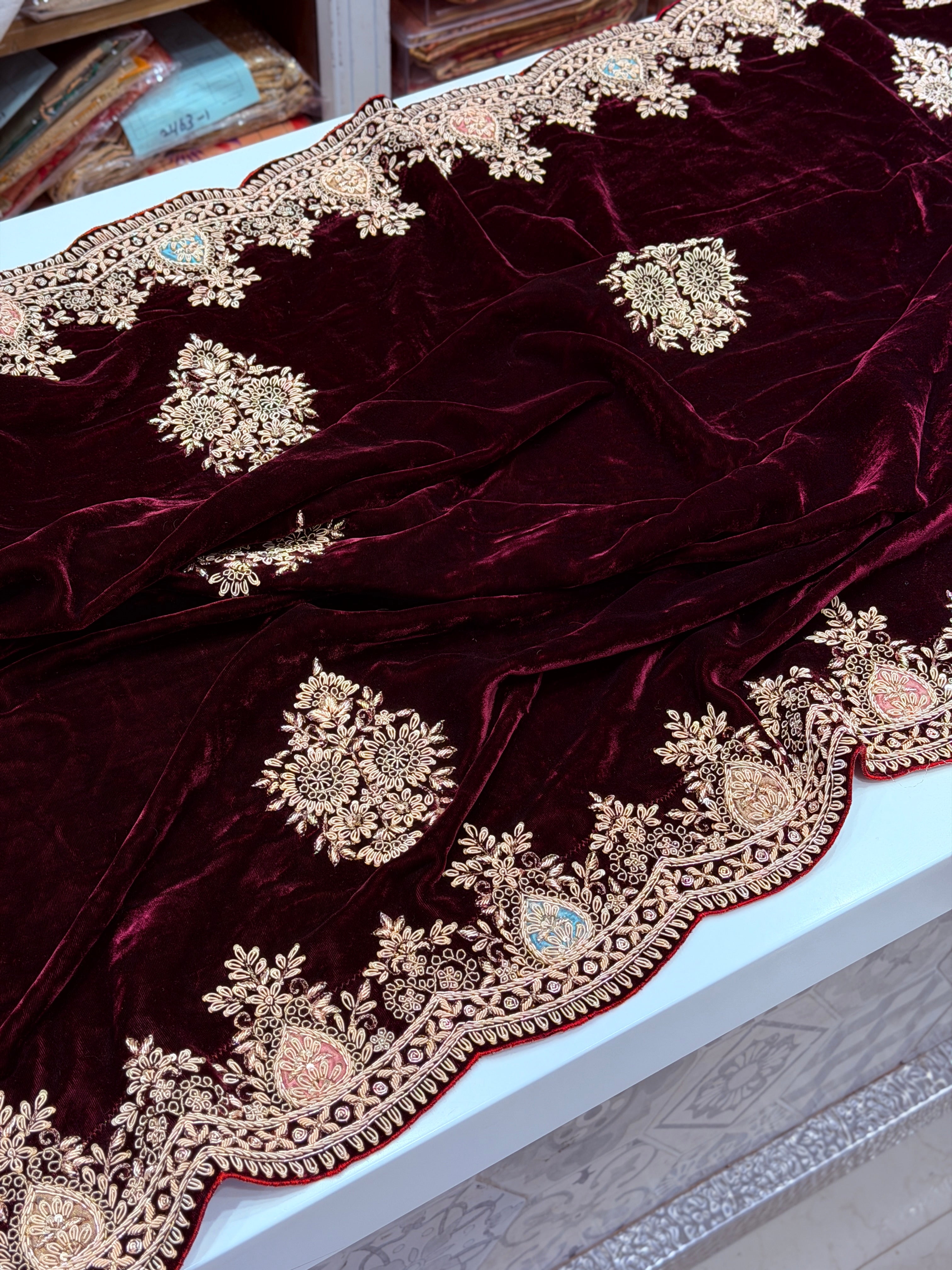 Pure Velvet Zardosi Hand Embroidery Saree