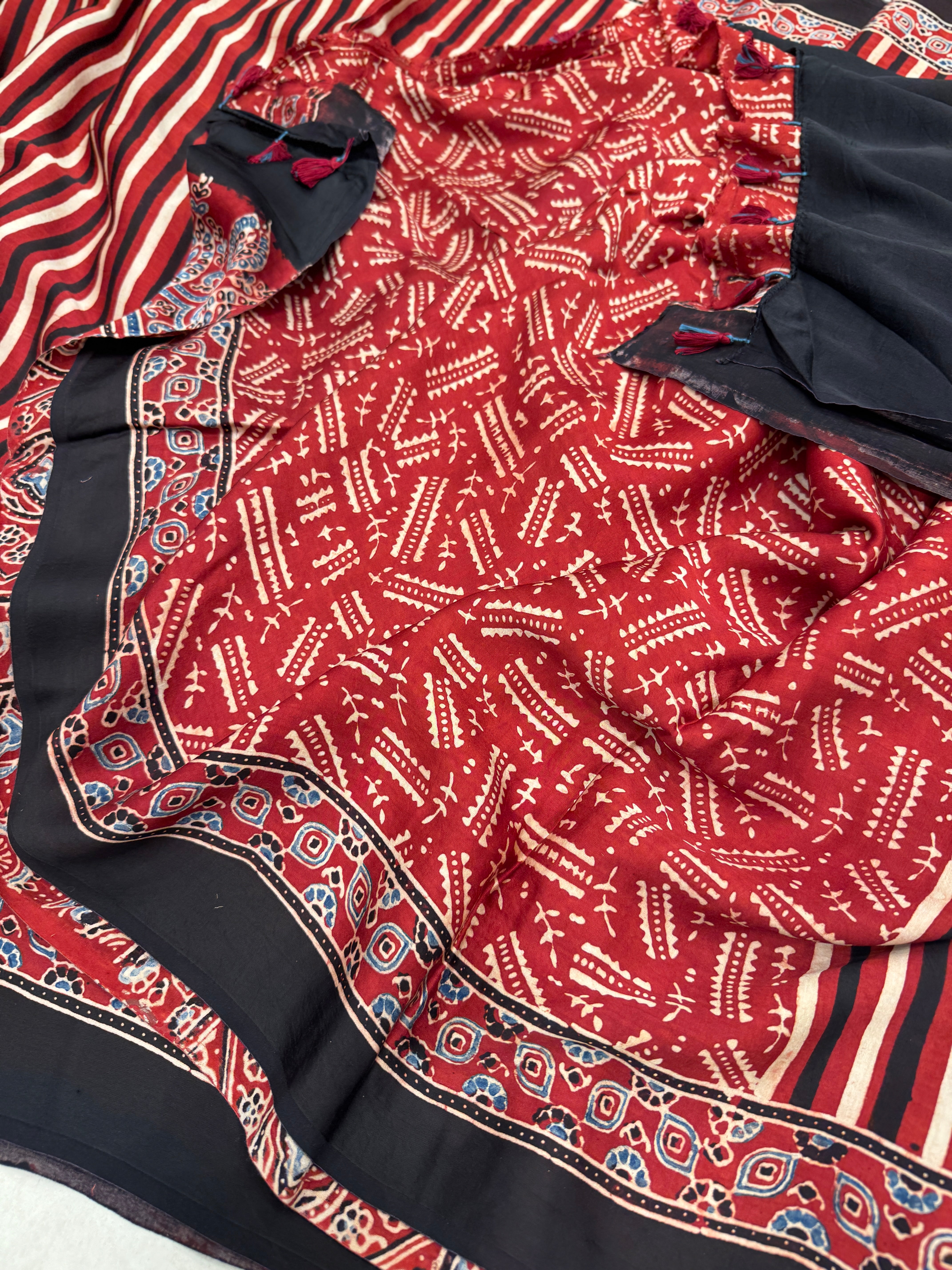 Red White Contemporary Hand Block Print Ajrkah Pure Gajji Silk Saree