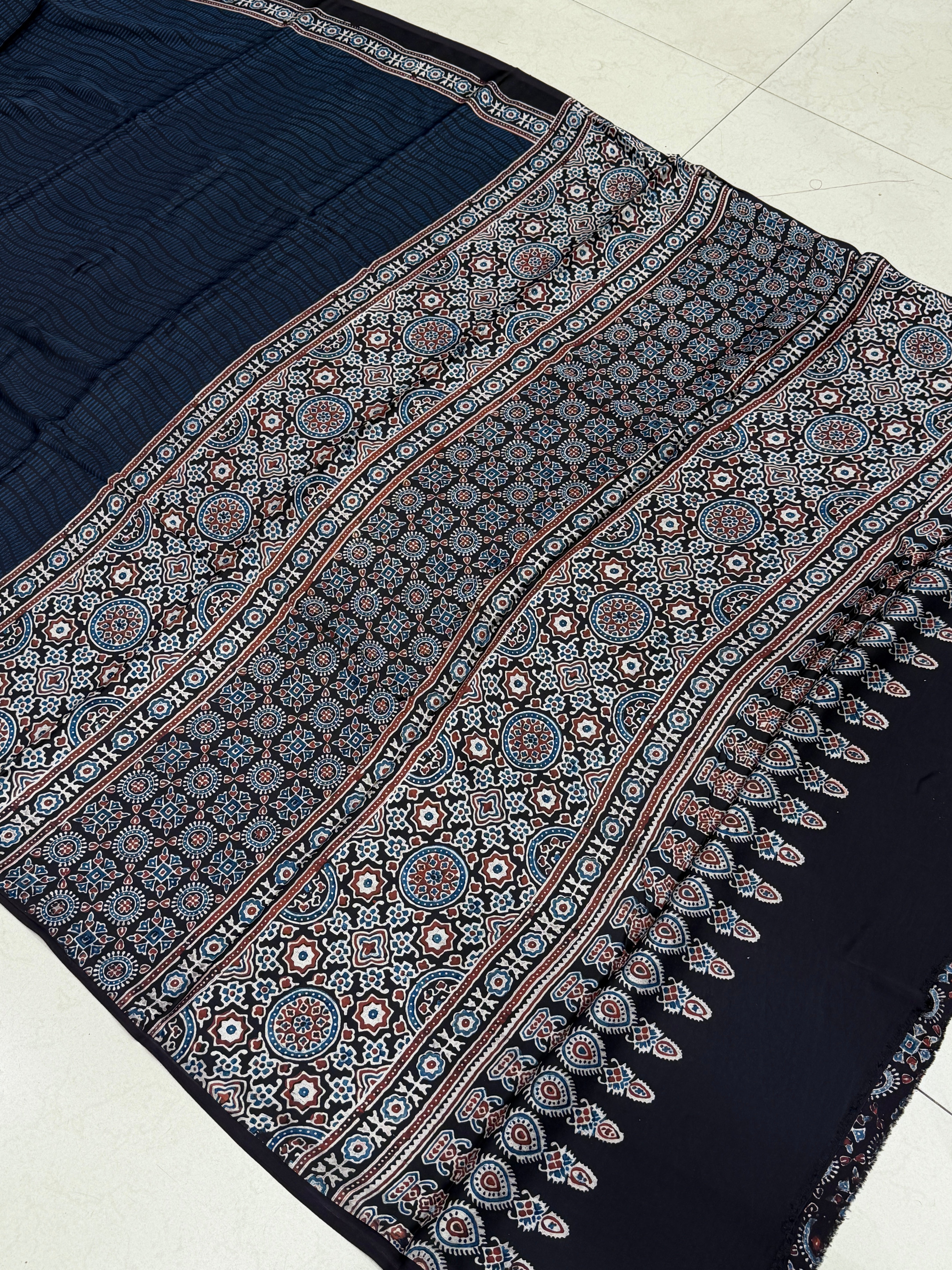 Blue Squiggly Lines Ajrakh Hand Block Print Pure Modal Silk Saree