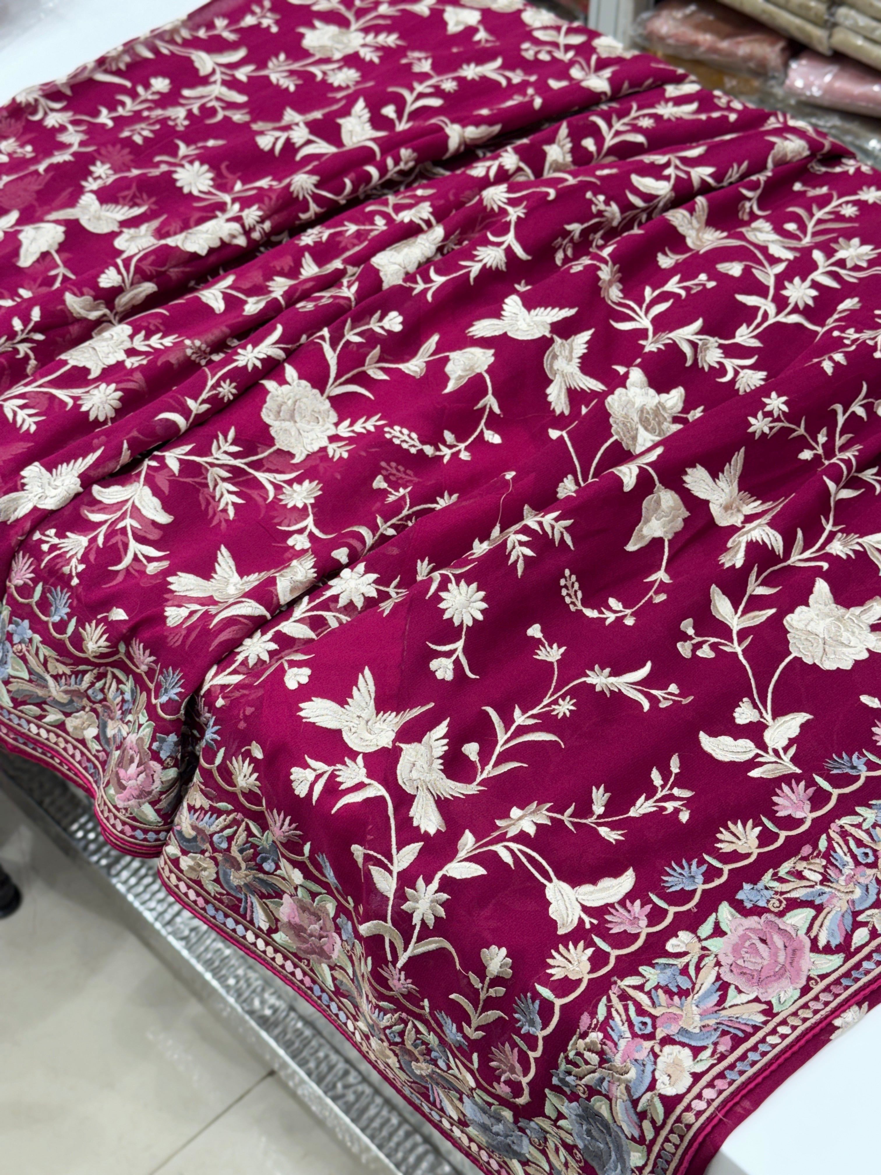 Cross Wine Persian Jaal Loving Birds Parsi Gara Saree