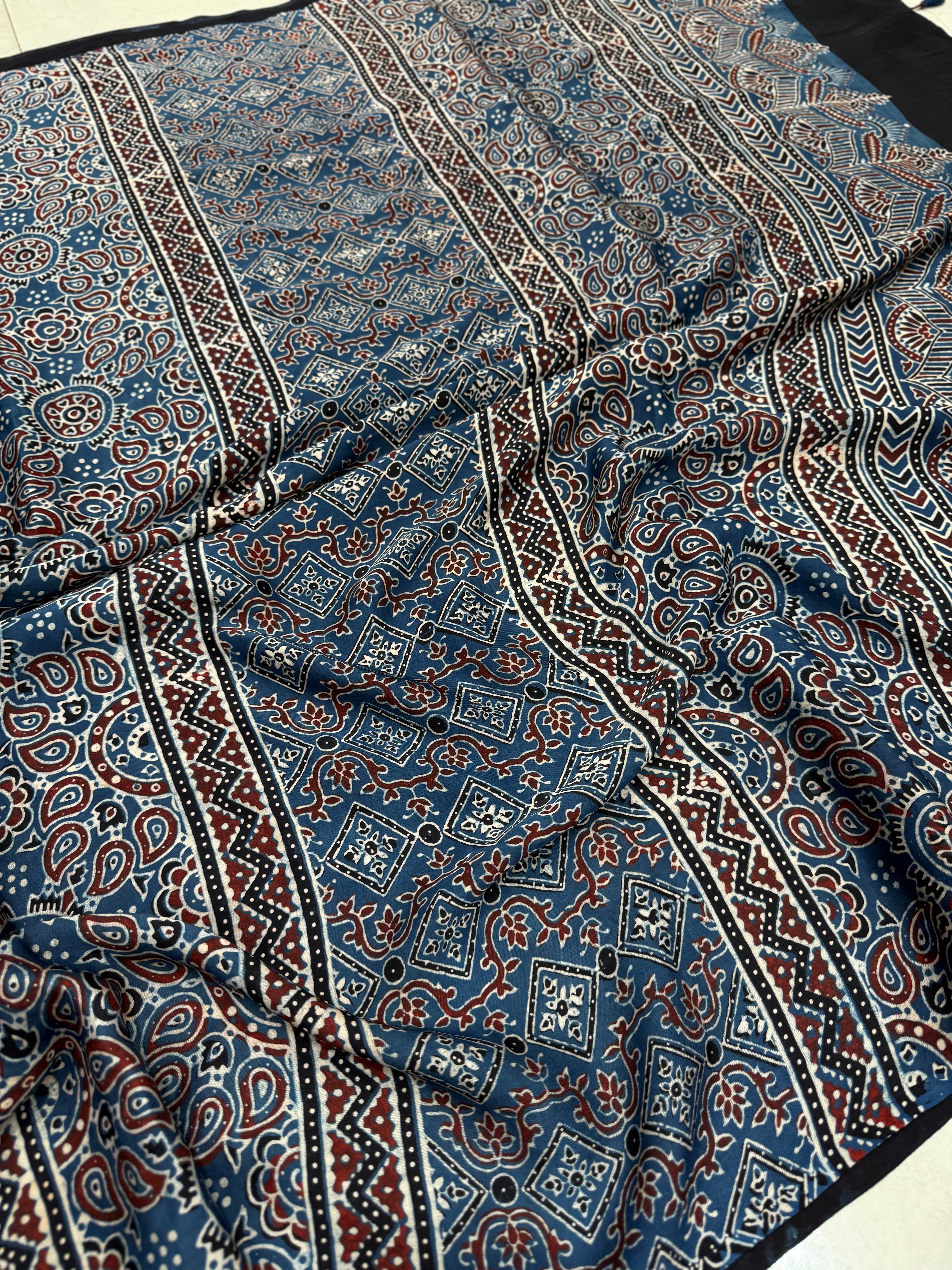 Blue Brown Ajrakh Hand Block Print Pure Gajji Silk Saree