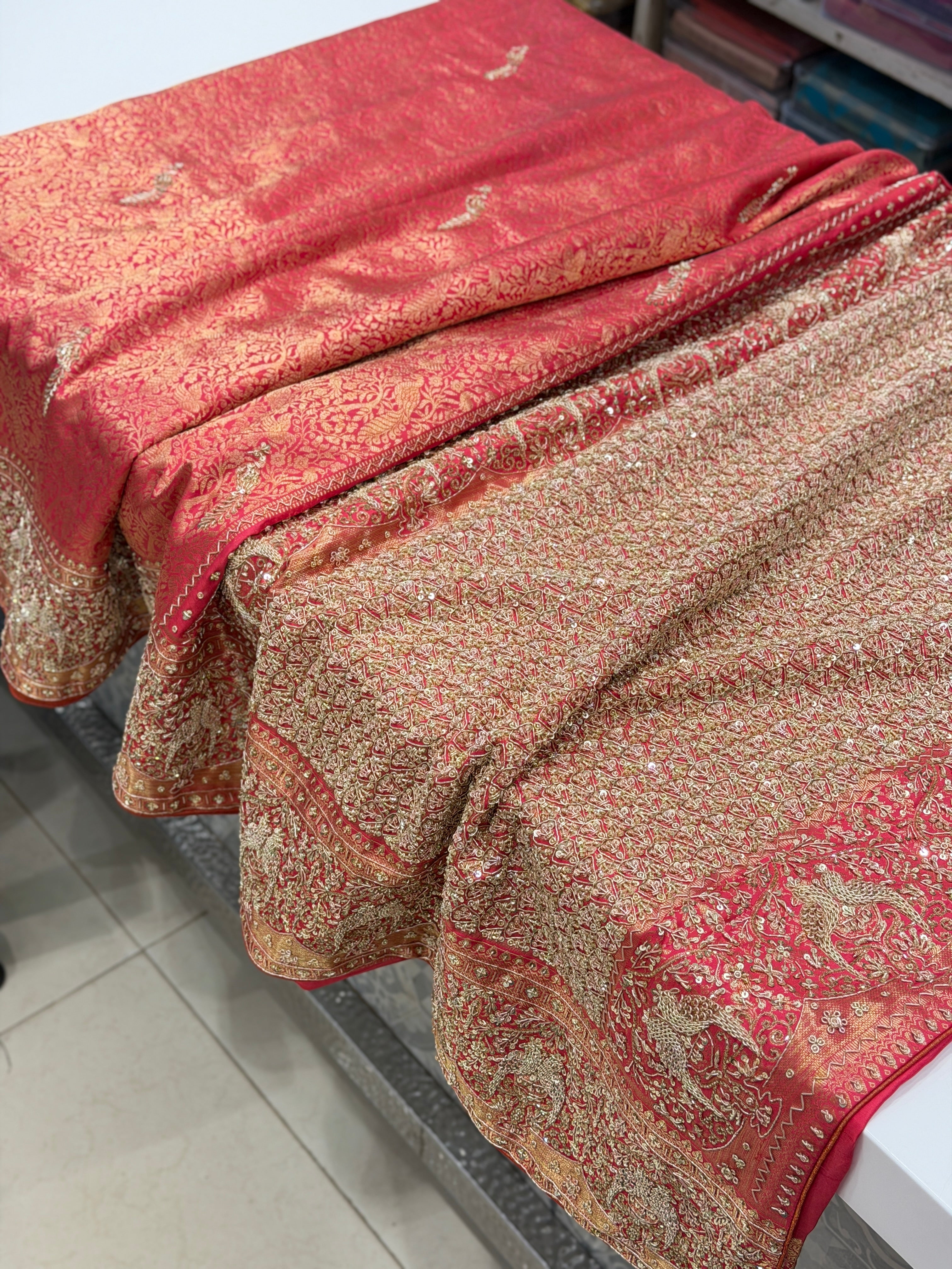 Crimson Kanjivaram Parrot Motif Hand Embroidery Zardosi Saree