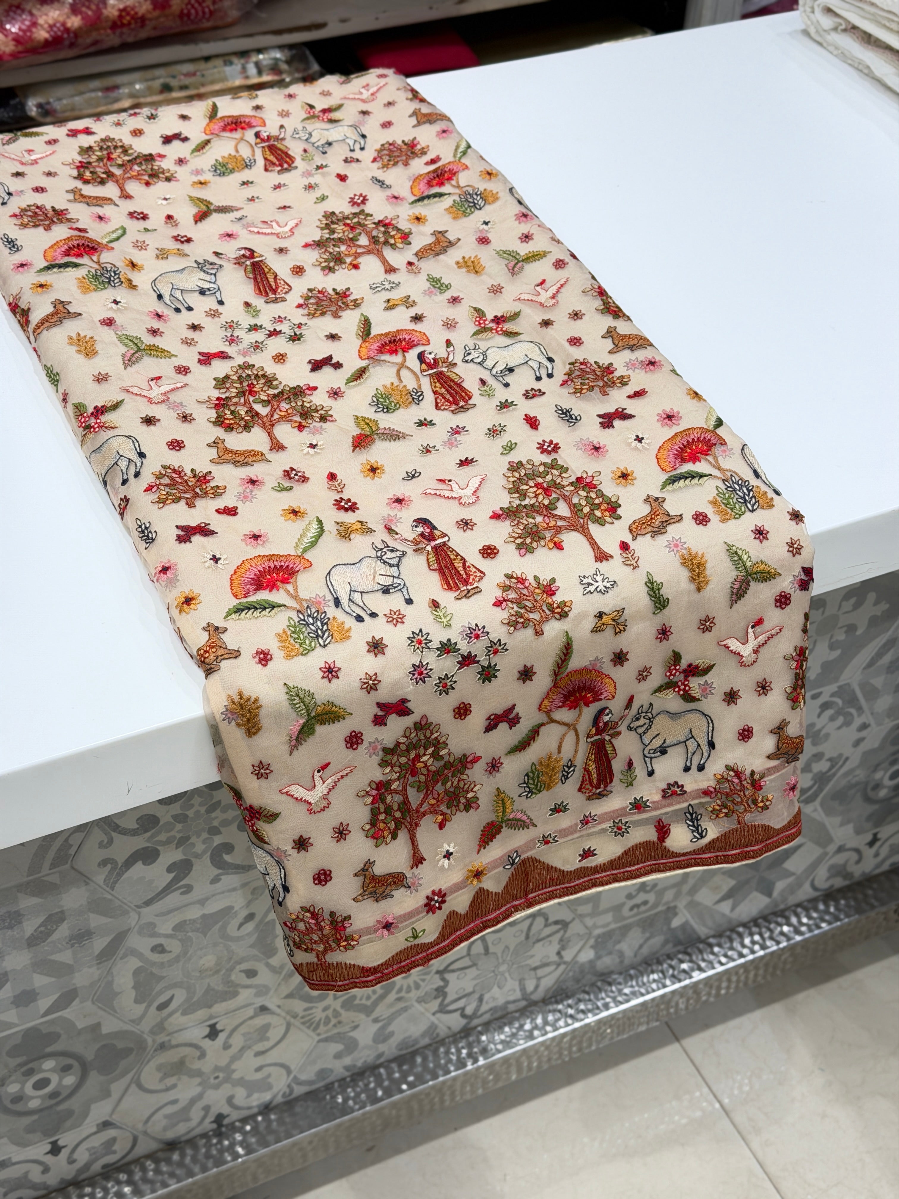 Moti White Nita Ambani Inspired Resham Embroidery Organza Saree