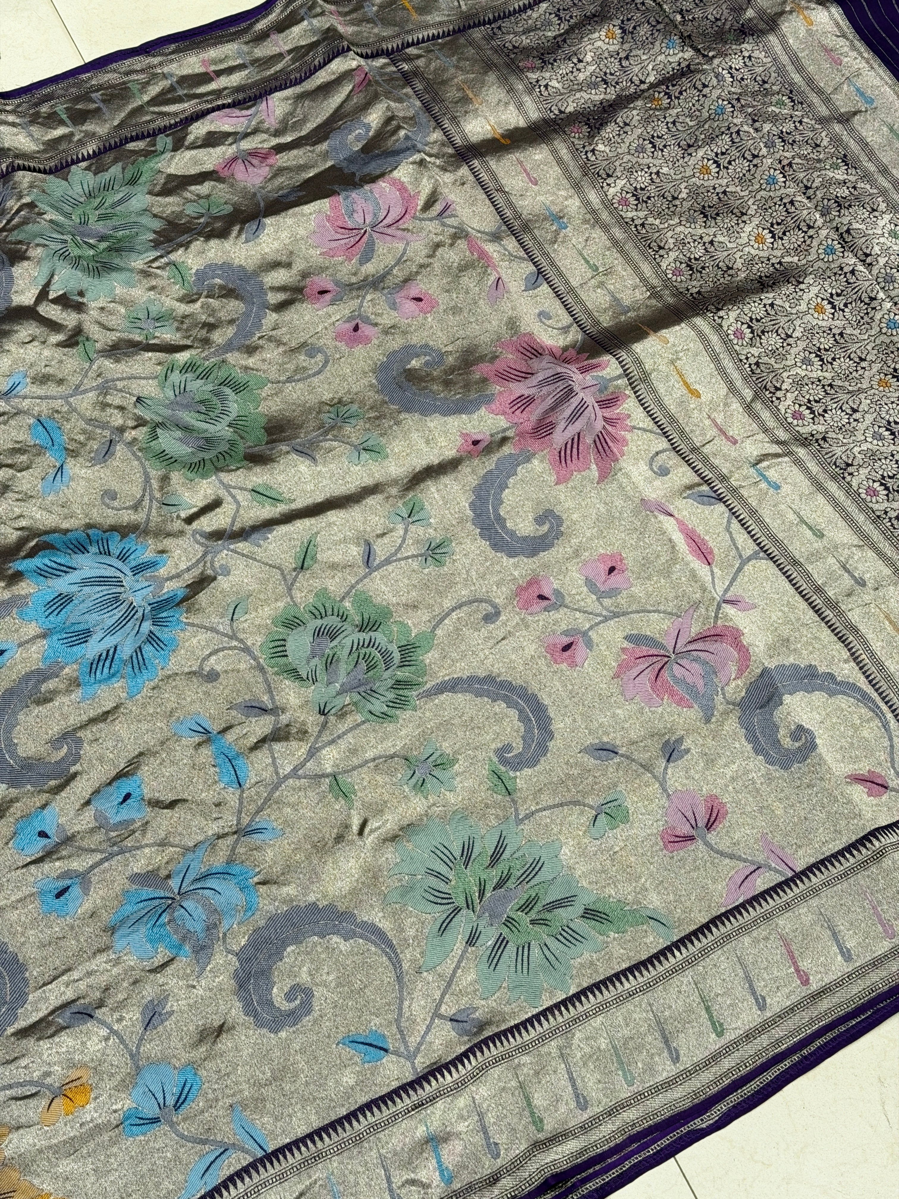 Violet Silver Meenakari Muniya Tissue Munga Banarasi Paithani Saree