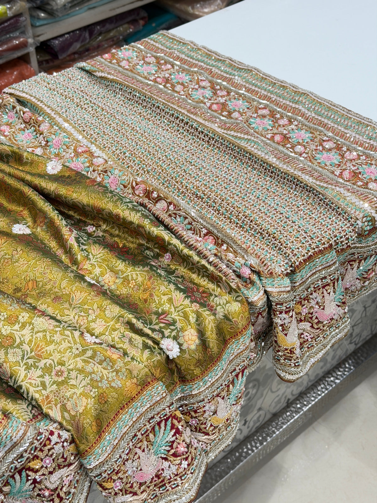 Green Contrast Meenakari Tissue Kanjivaram Zardosi Hand Embroidery Saree