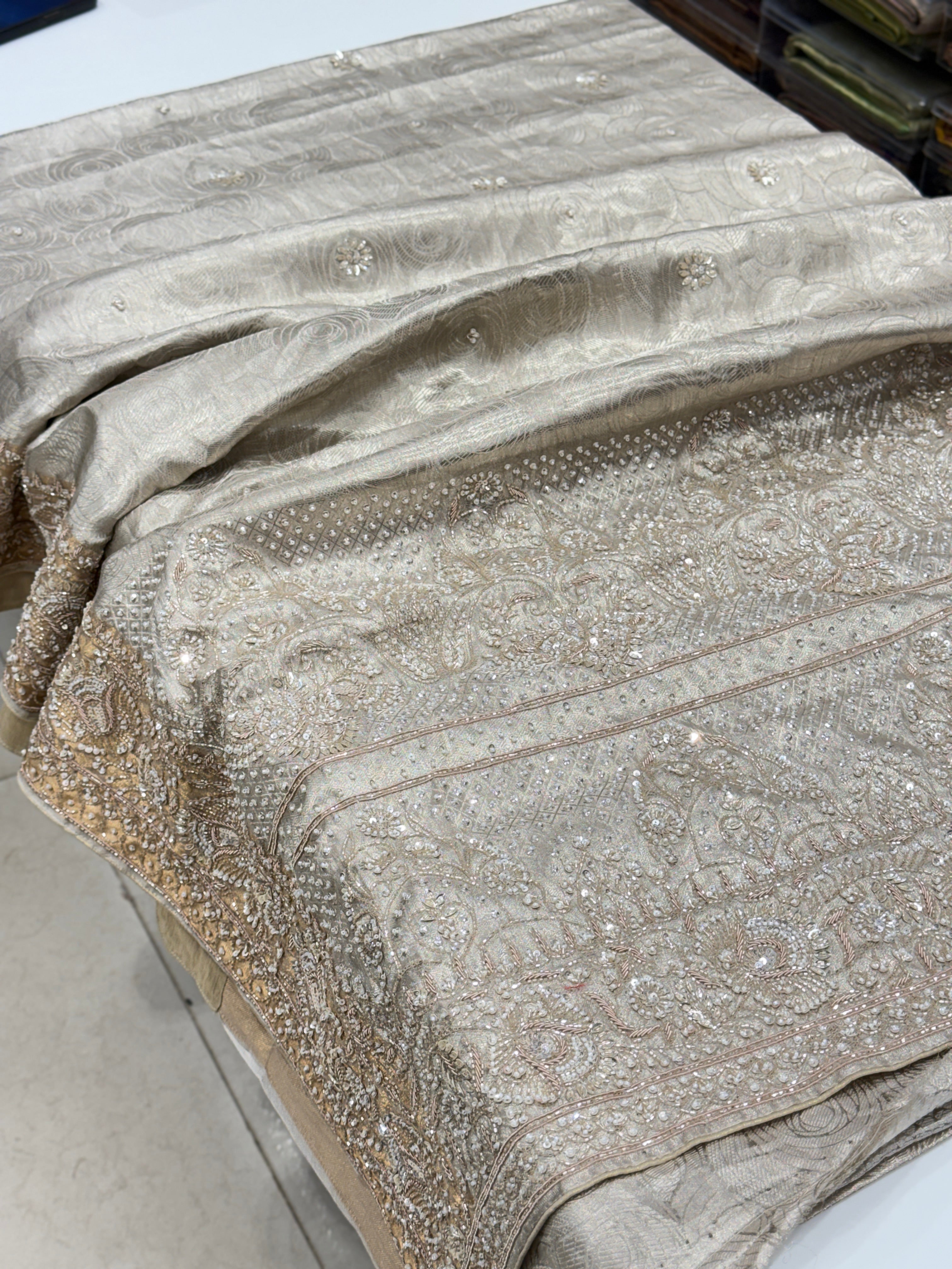 Silver Tissue Kanjivaram Zardosi Moti Hand Embroidery Saree