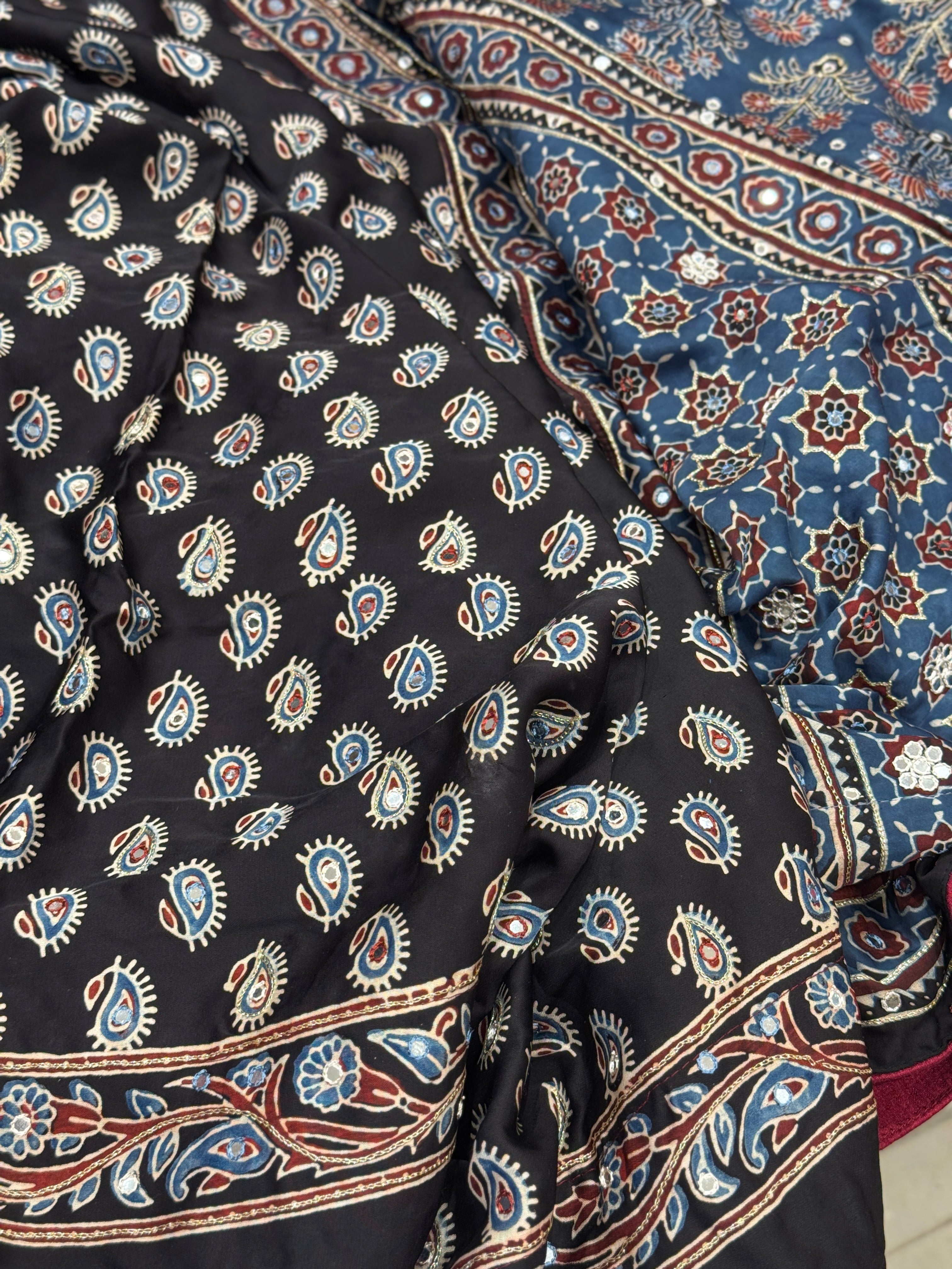 Black Buttis Ajrakh Mirror Hand Embroidery Saree