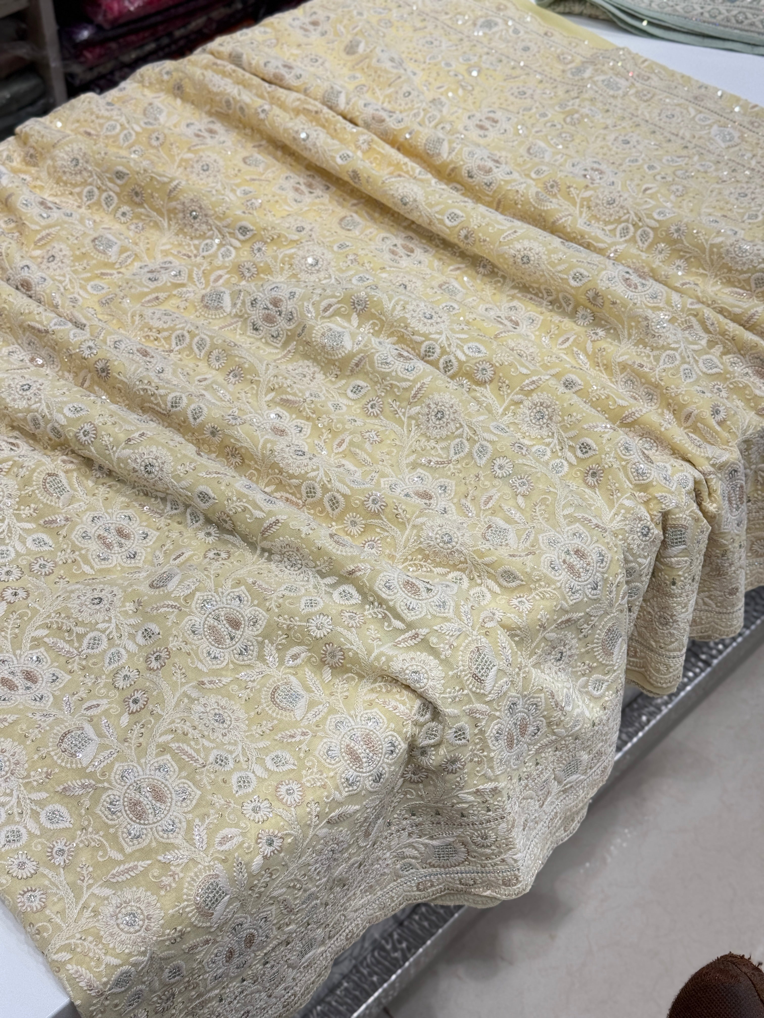Yellow Chikankari Small Scallop Design Saree