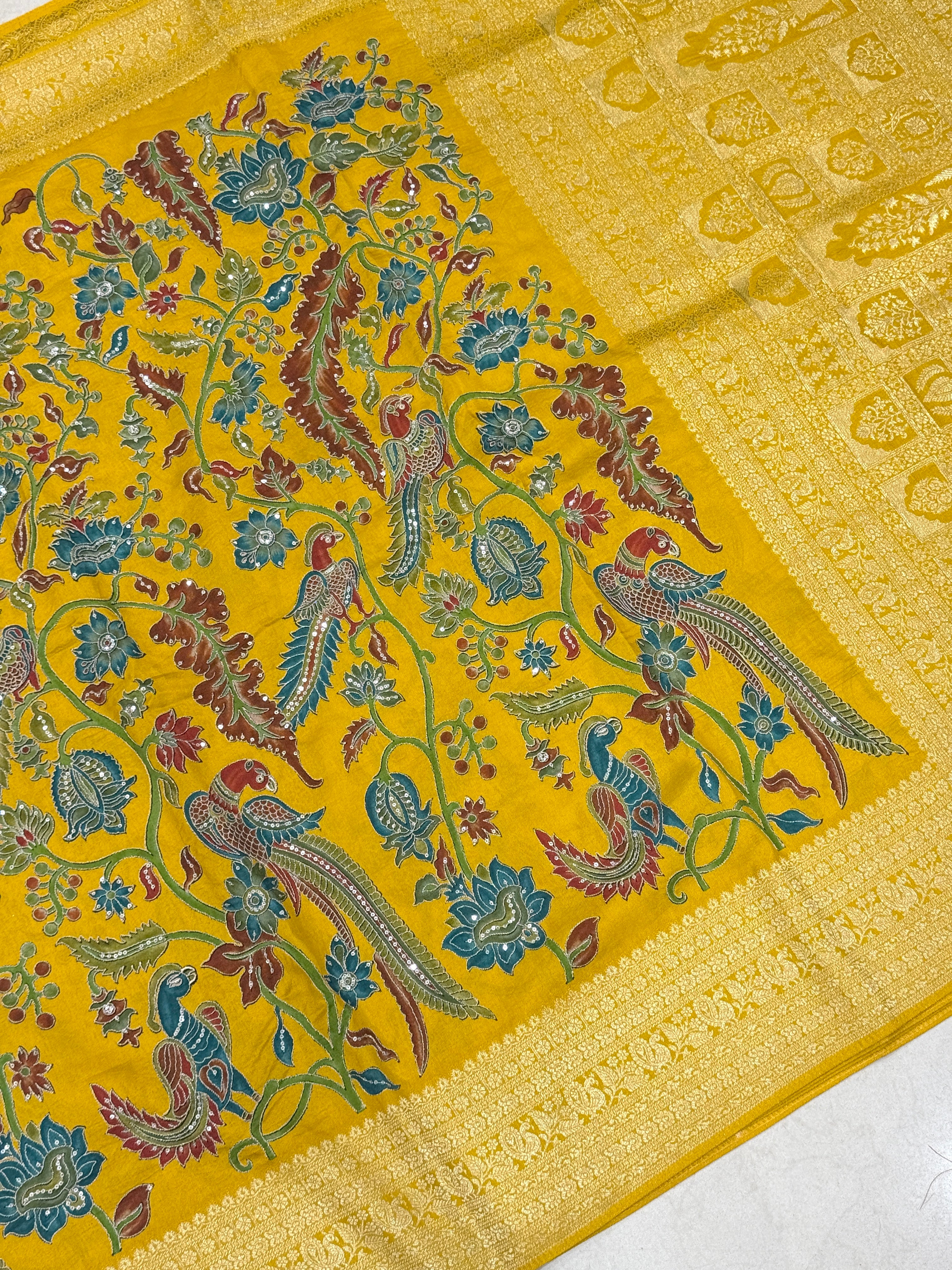 Yellow Kalamkari Weave Banarasi Munga Pita Embroidery Saree