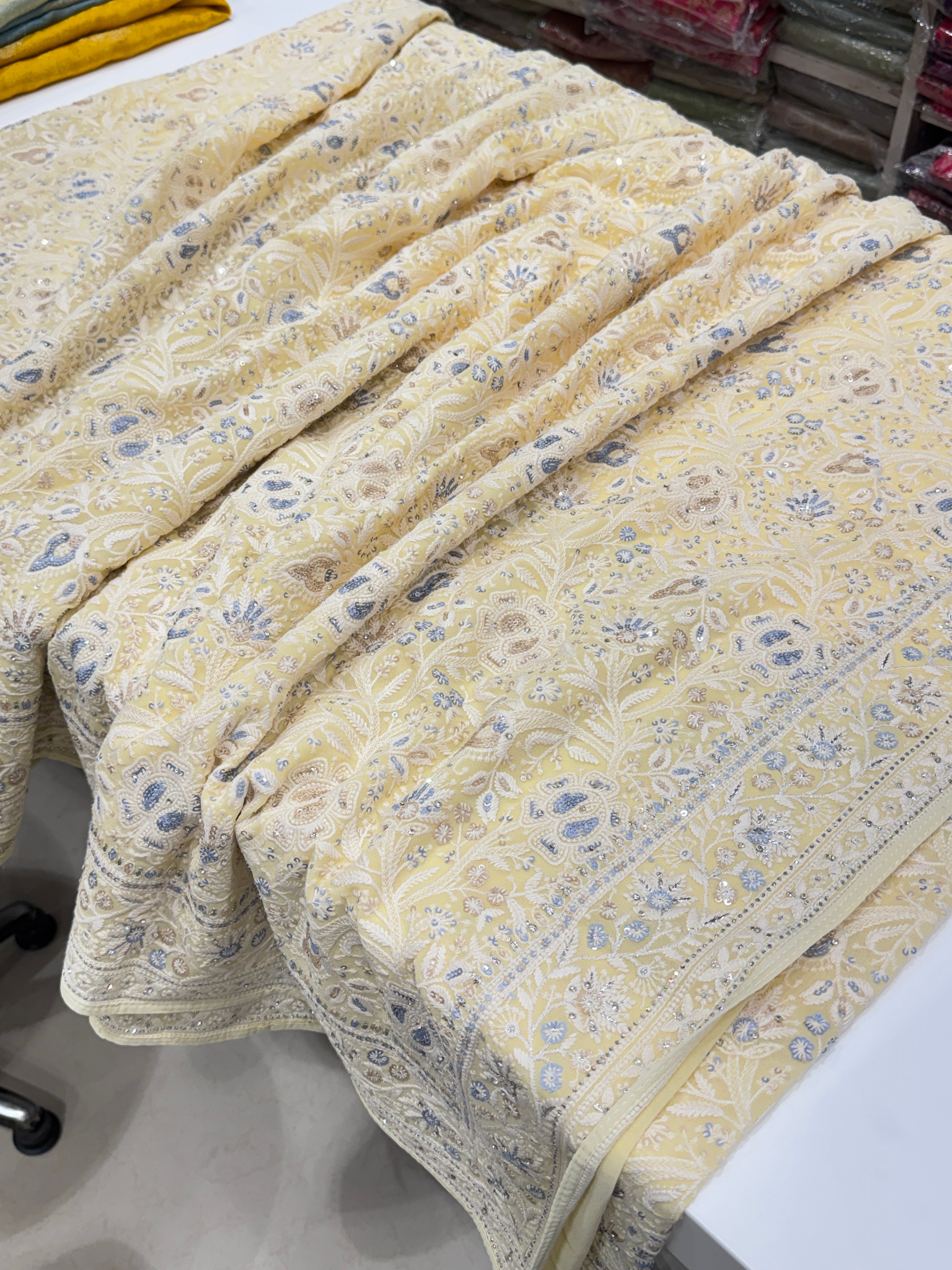 Yellow Chikankari Saree Floral Design