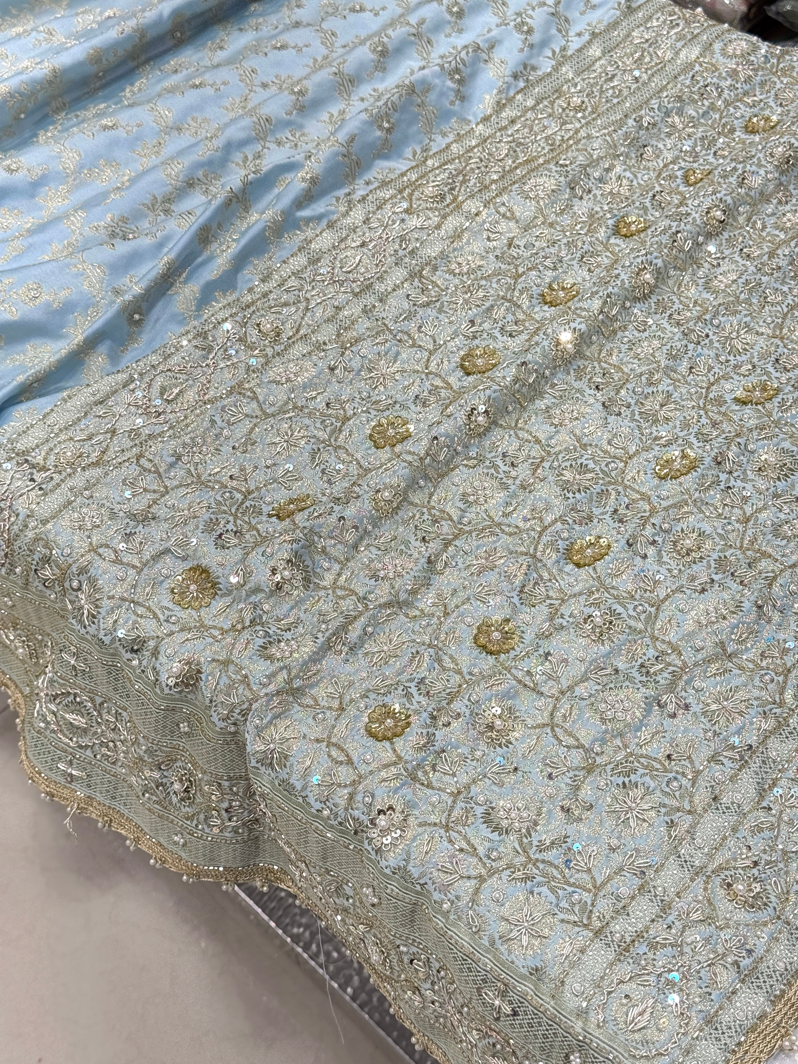 Blue Banarasi Silk Flower Border Hand Embroidery Saree