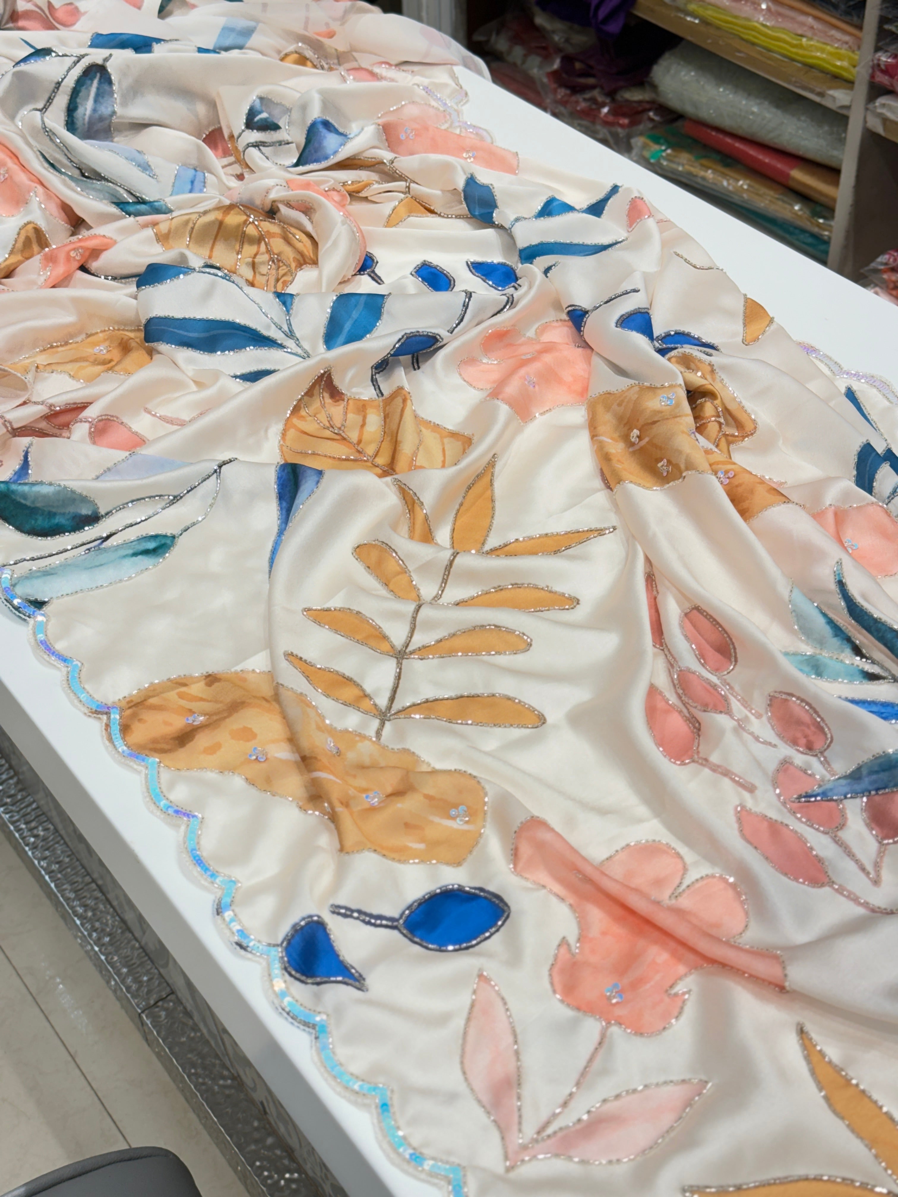 Japanese Floral Satin Hand Embroidery Saree
