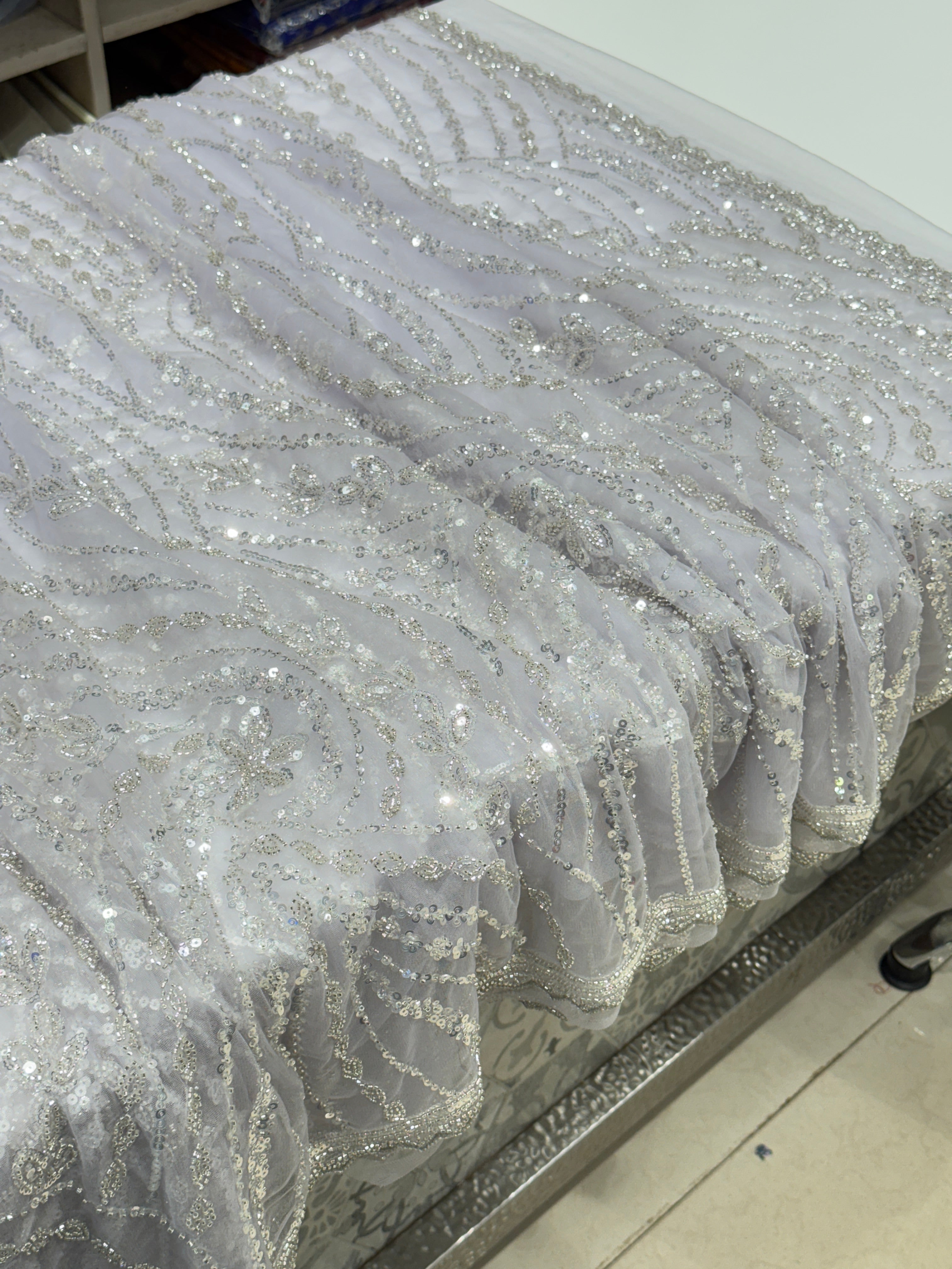 Lilac Soft Net Sequin Moti Embroidery Saree
