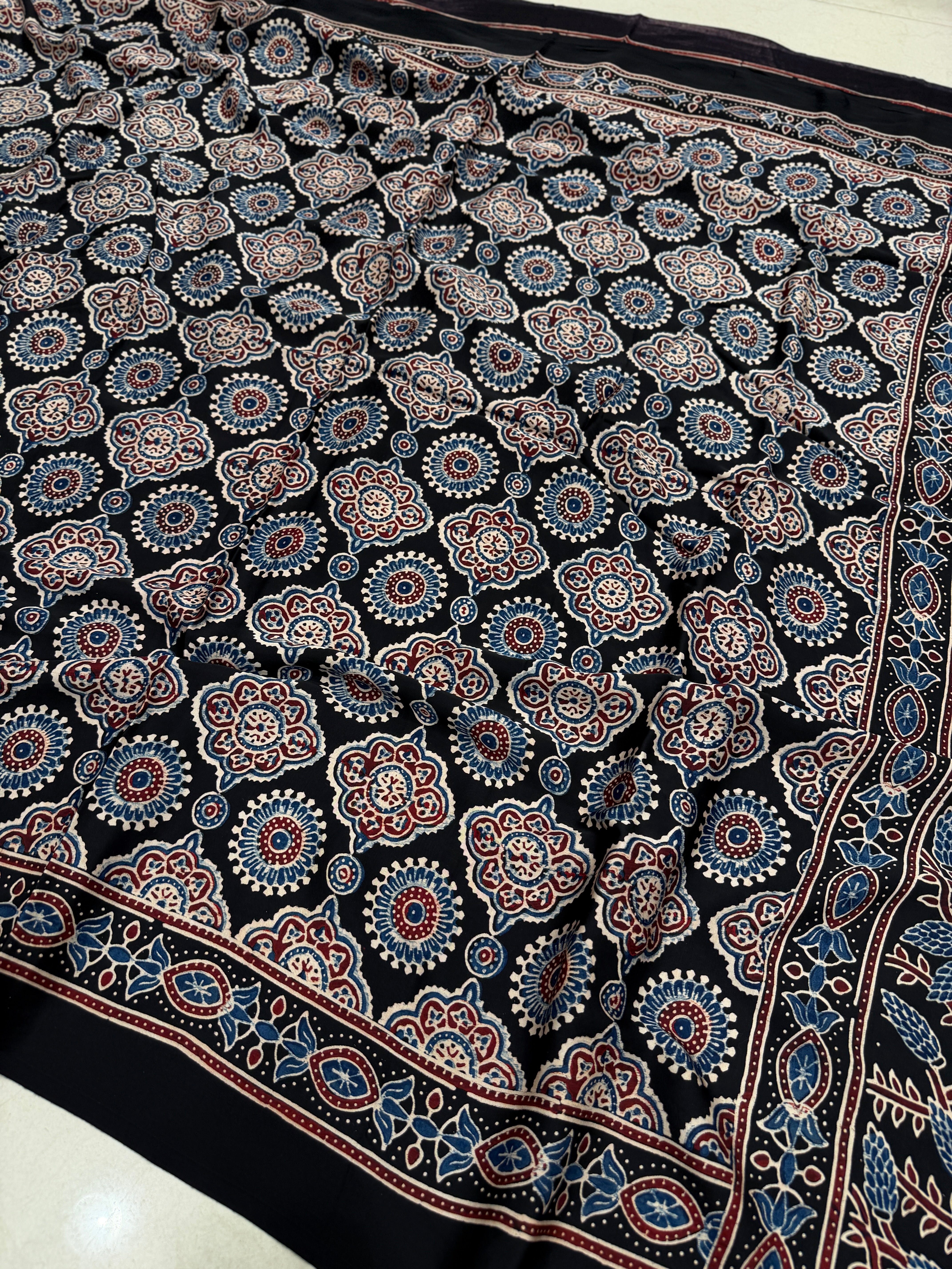 Black Geometric Circles Ajrakh Hand Block Print Pure Modal Silk Saree