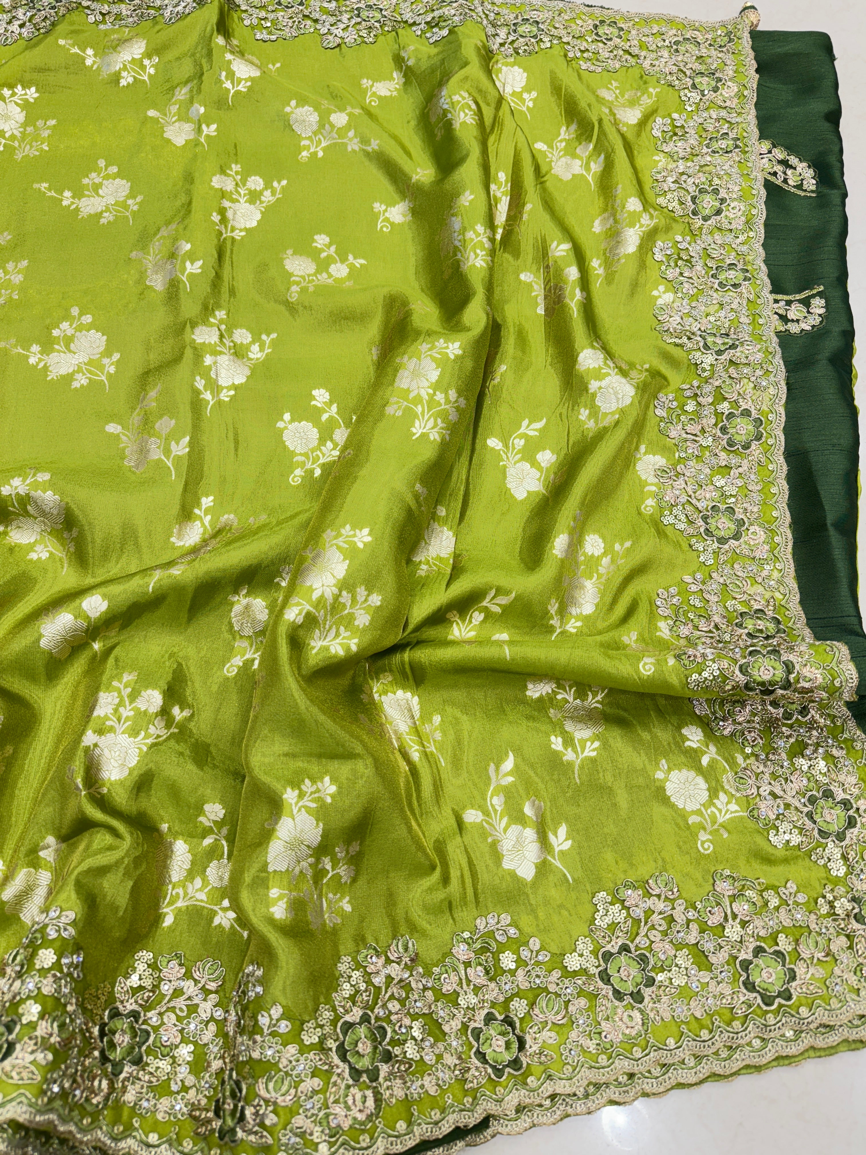 Green Crepe Tissue Embroidery Saree