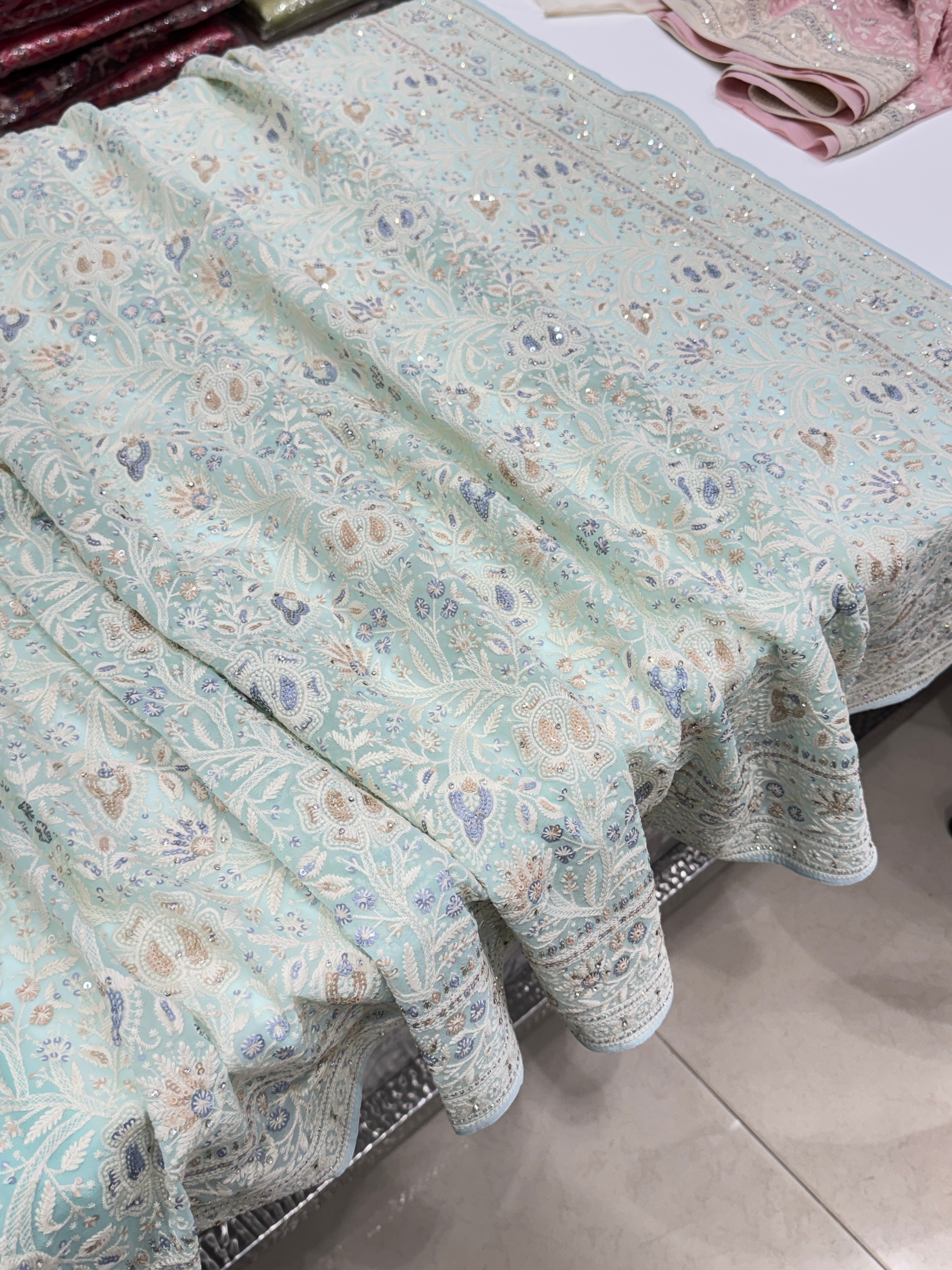 Blue Chikankari Saree Floral Design