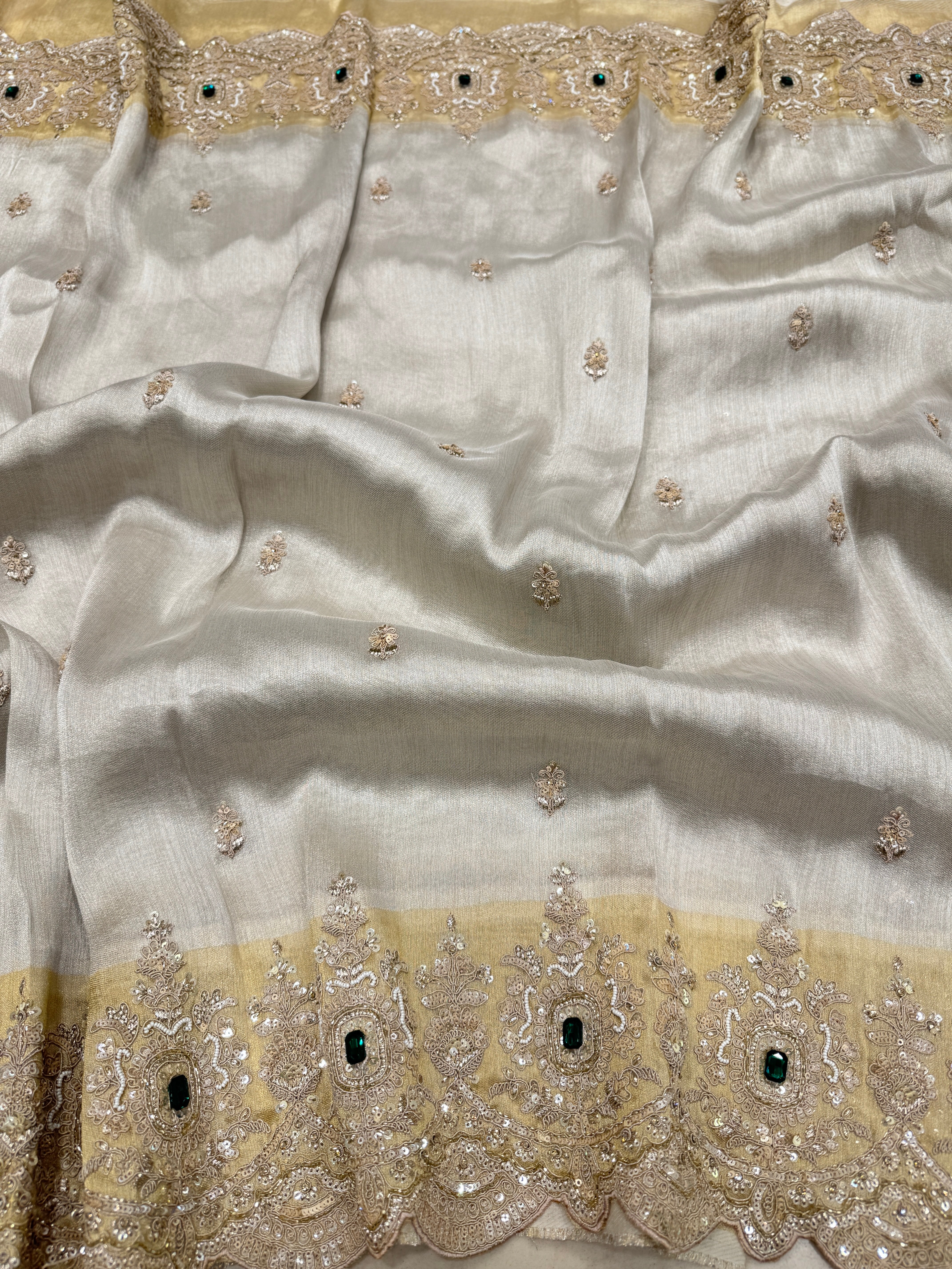 Golden Silver Soft Tissue Moti Crystal Embroidery Saree