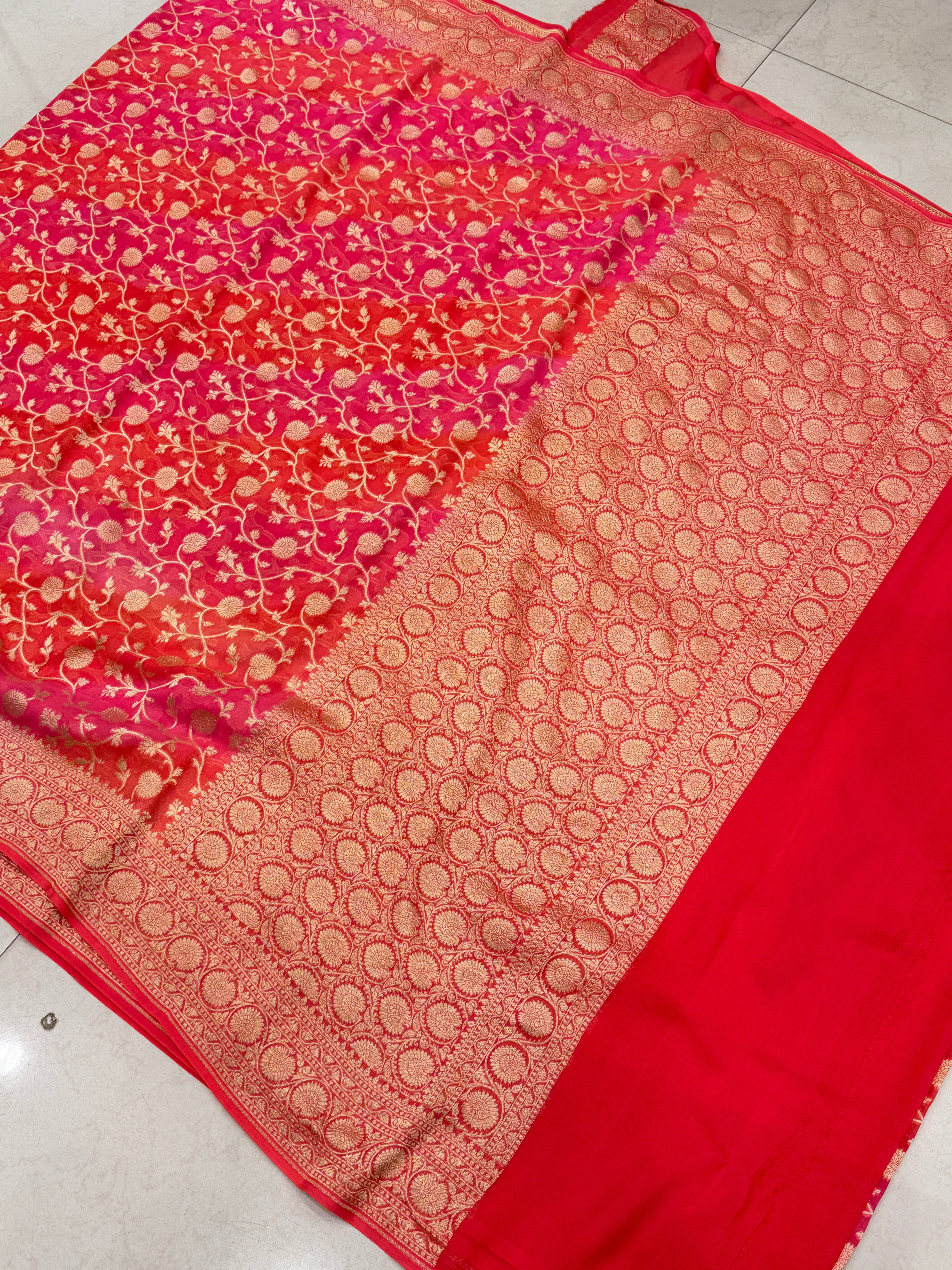 Orange Shaded Mughal Jaal Handloom Banarasi Khaddi Georgette Saree