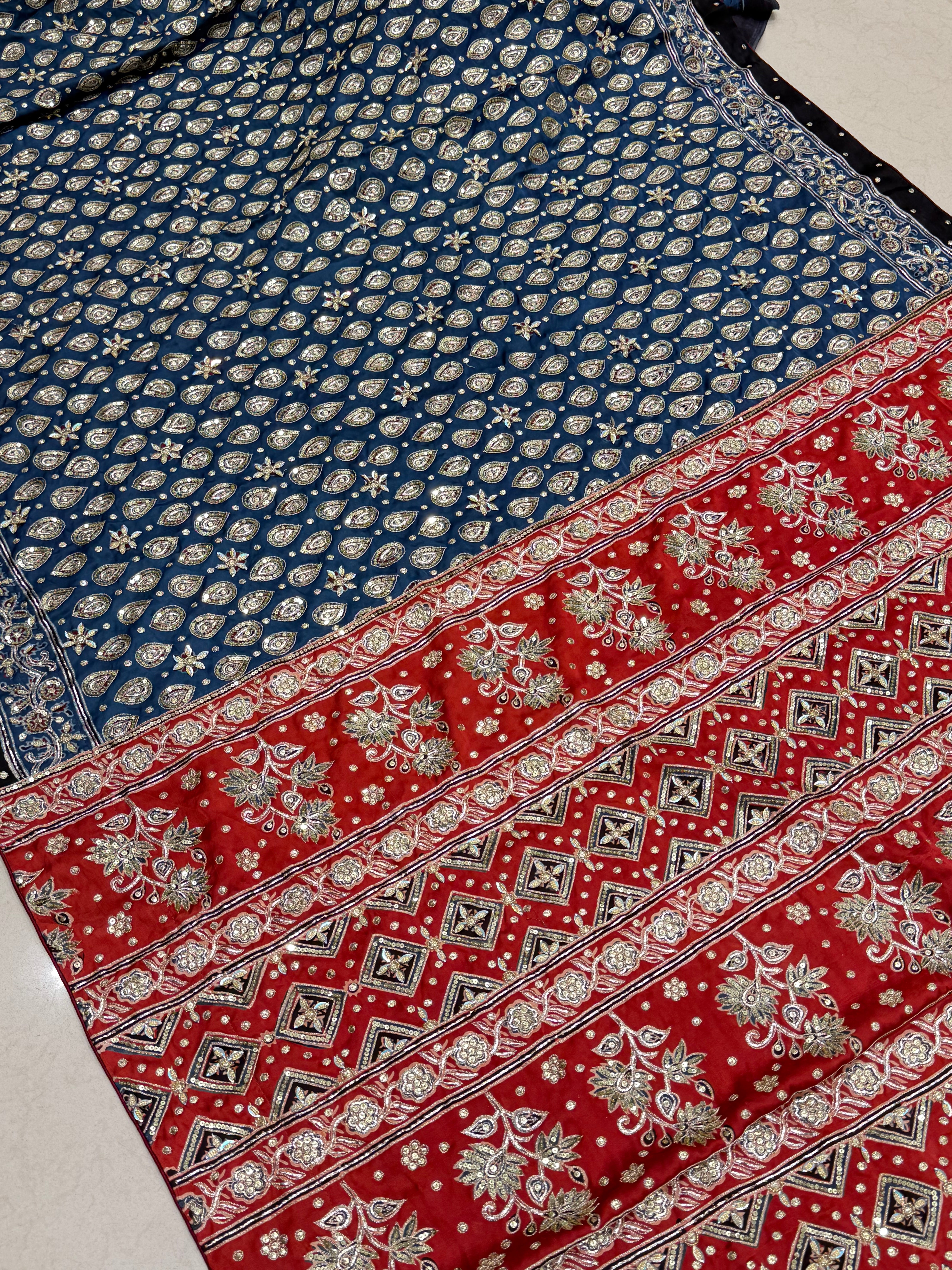 Blue Red Floral Buttis Ajrakh Hand Embroidery Saree