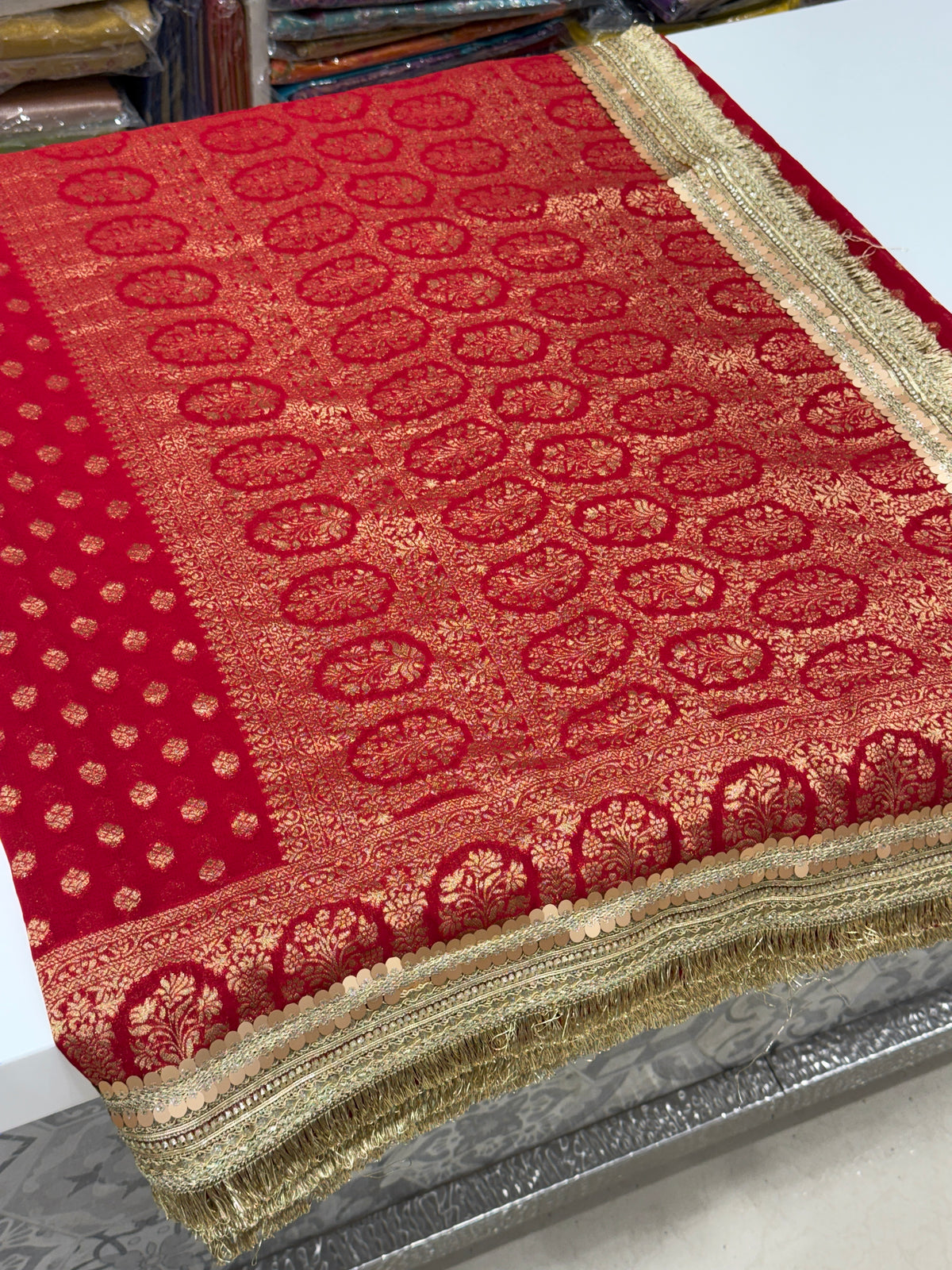 Red Banarasi Khaddi Georgette Buttis Maharani Lace Saree