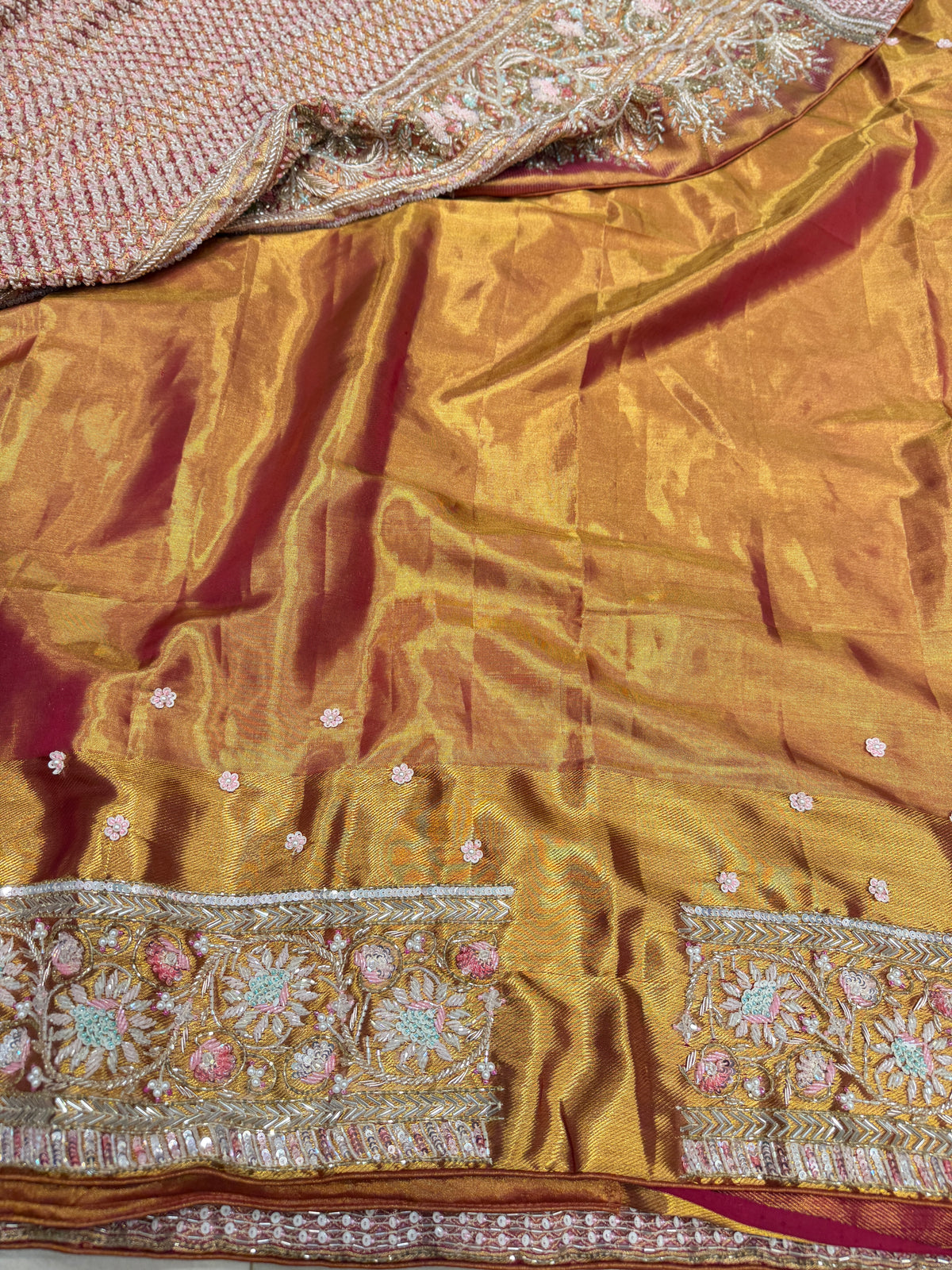 Light Pink Meenakari Jaal Kanjivaram Moti Zardosi Hand Embroidery Saree