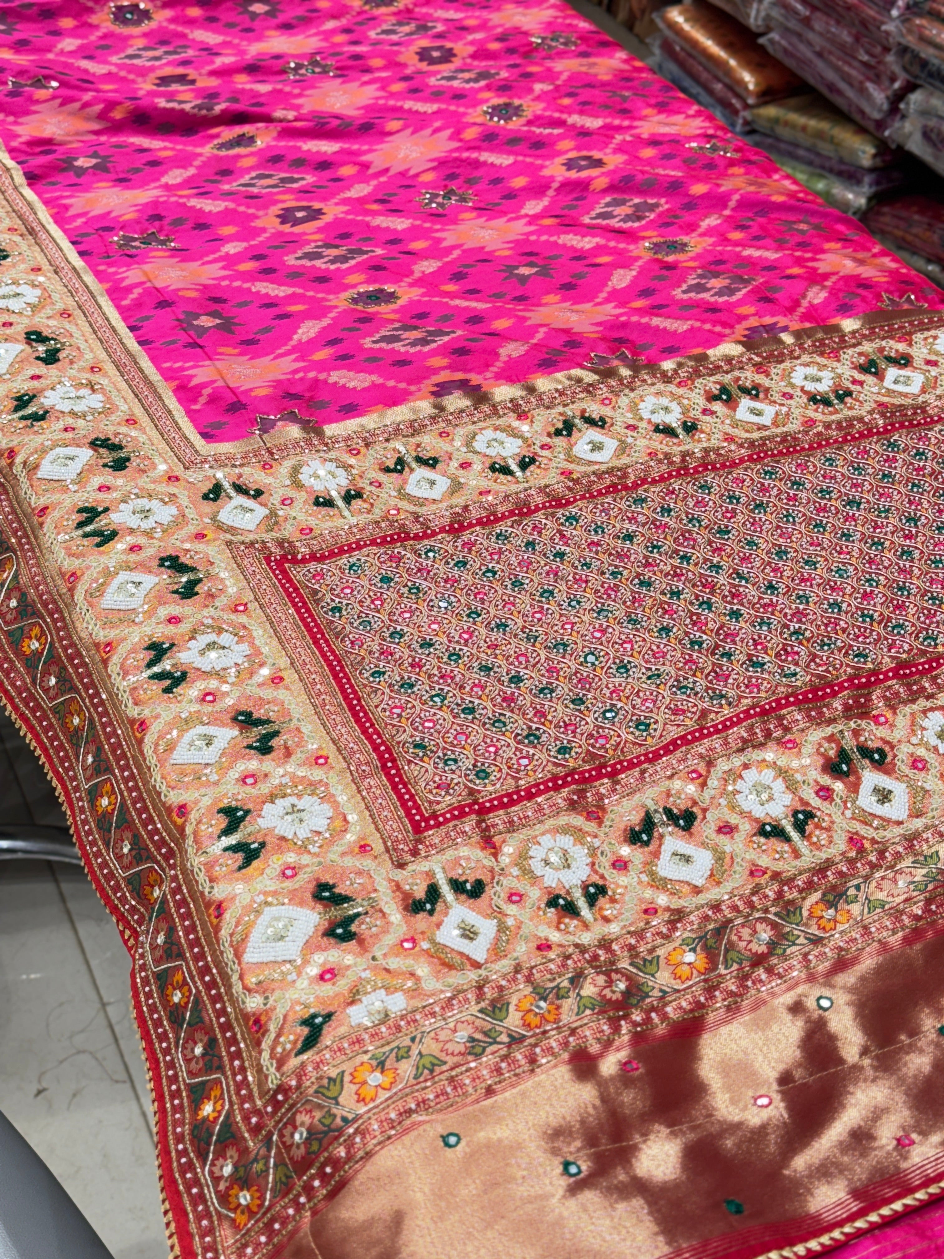 Rani Patola Kutchi Moti Embroidery Saree