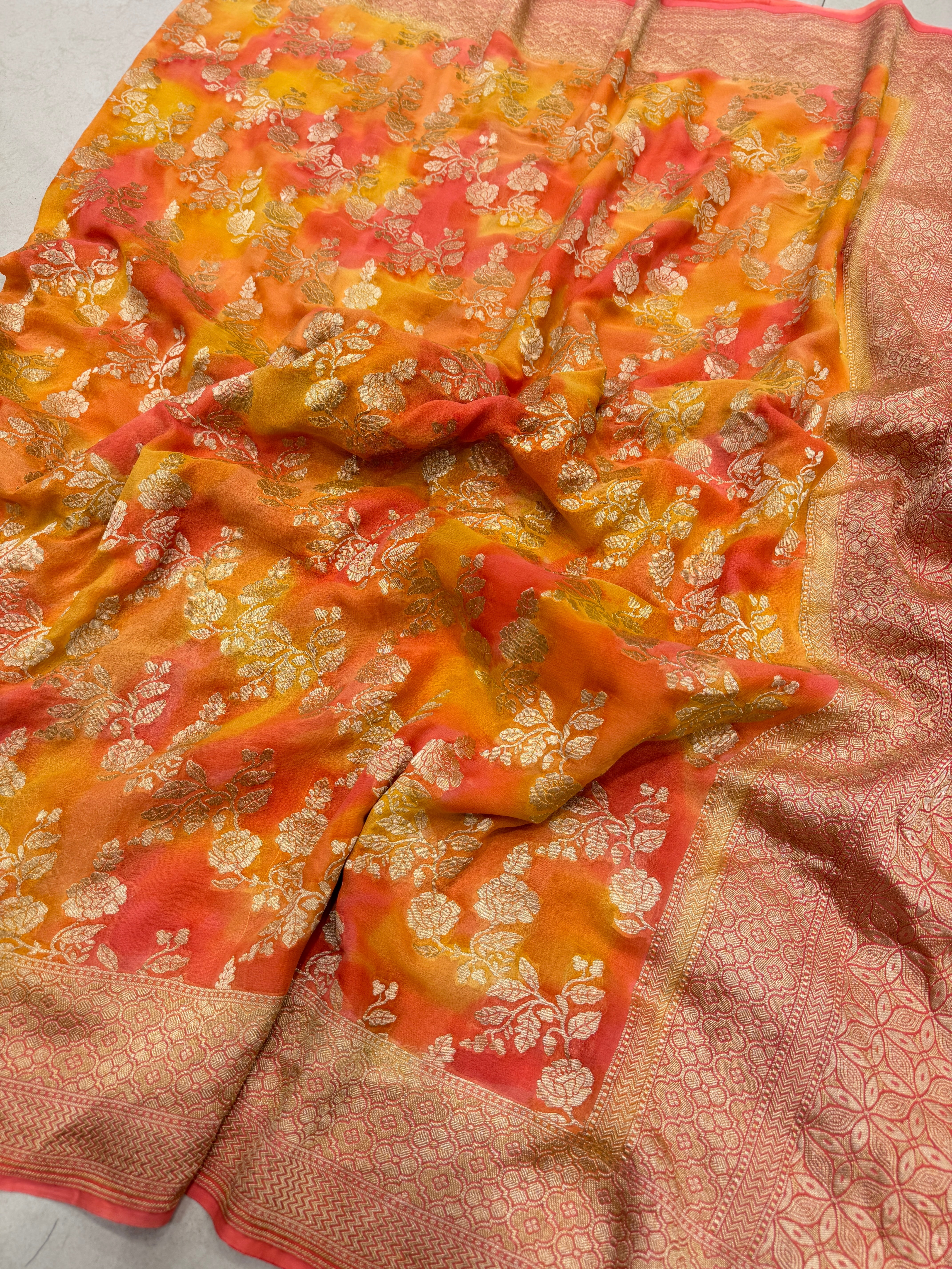 Orange Shaded Rose Jaal Handloom Banarasi Khaddi Georgette Saree