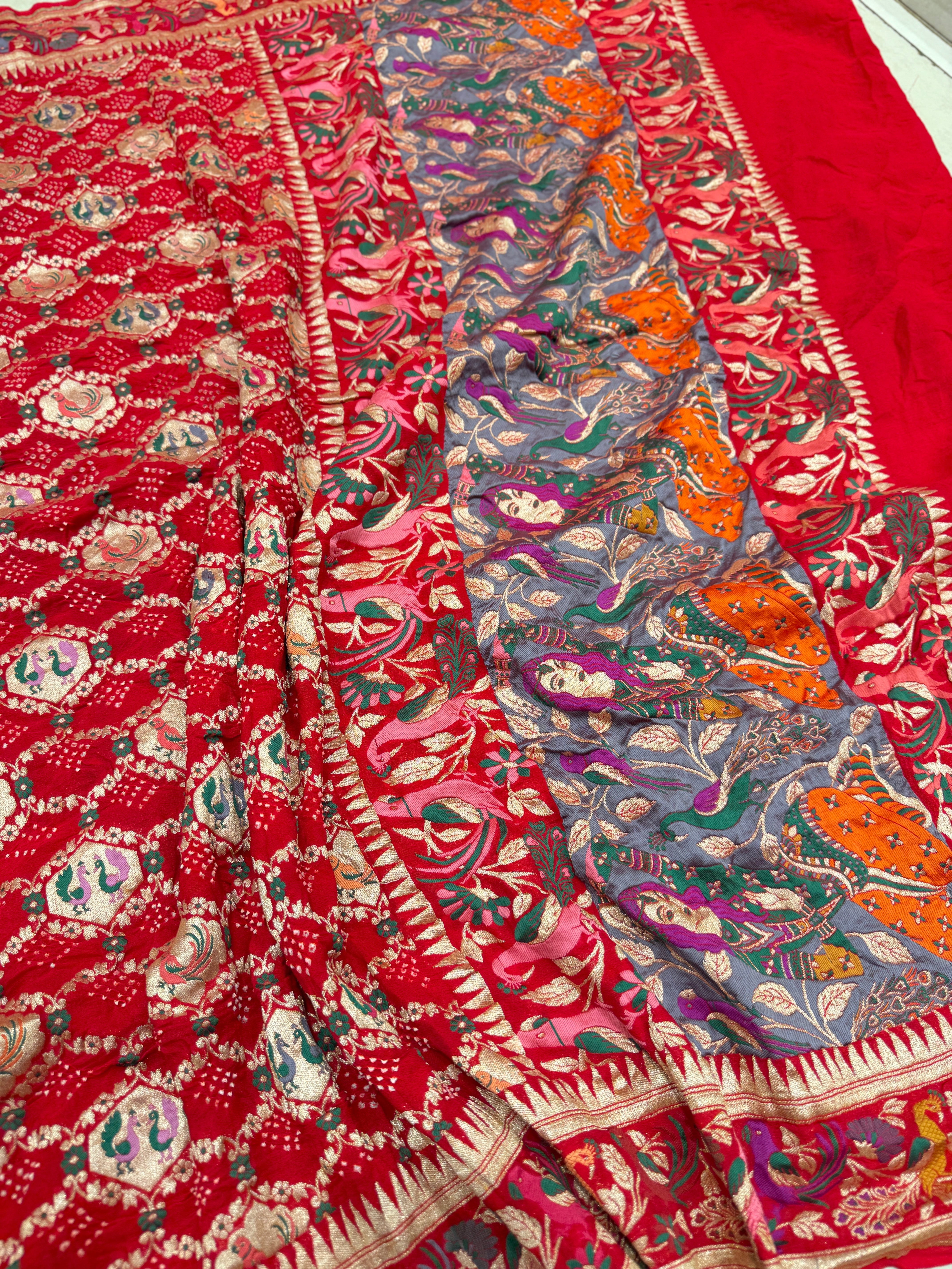 Red Paithani Style Meenakari Rai Bandhej Georgette Bandhini Saree