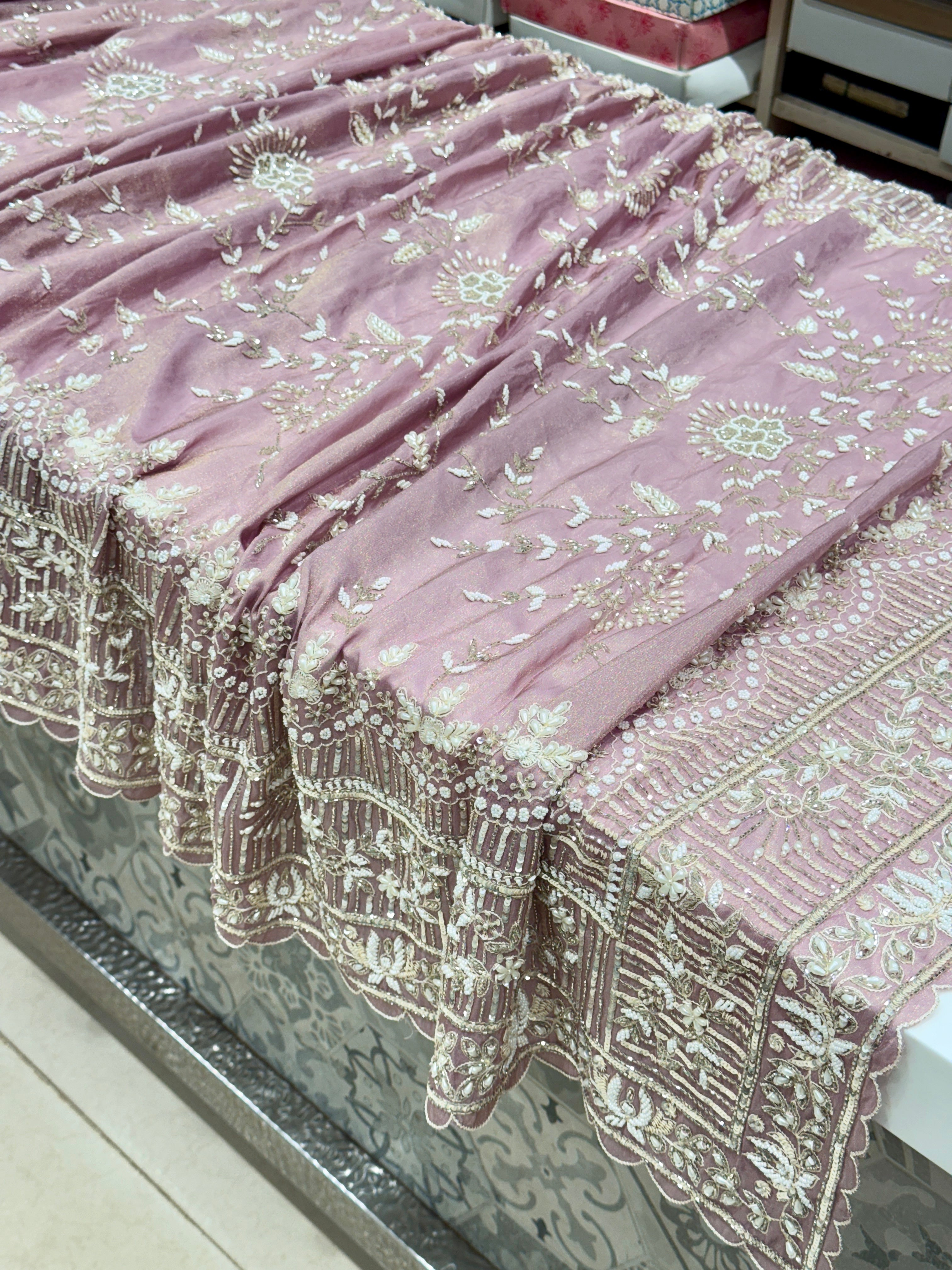 Lilac Crepe Tissue Resham Moti Sequin Hand Embroidery Saree