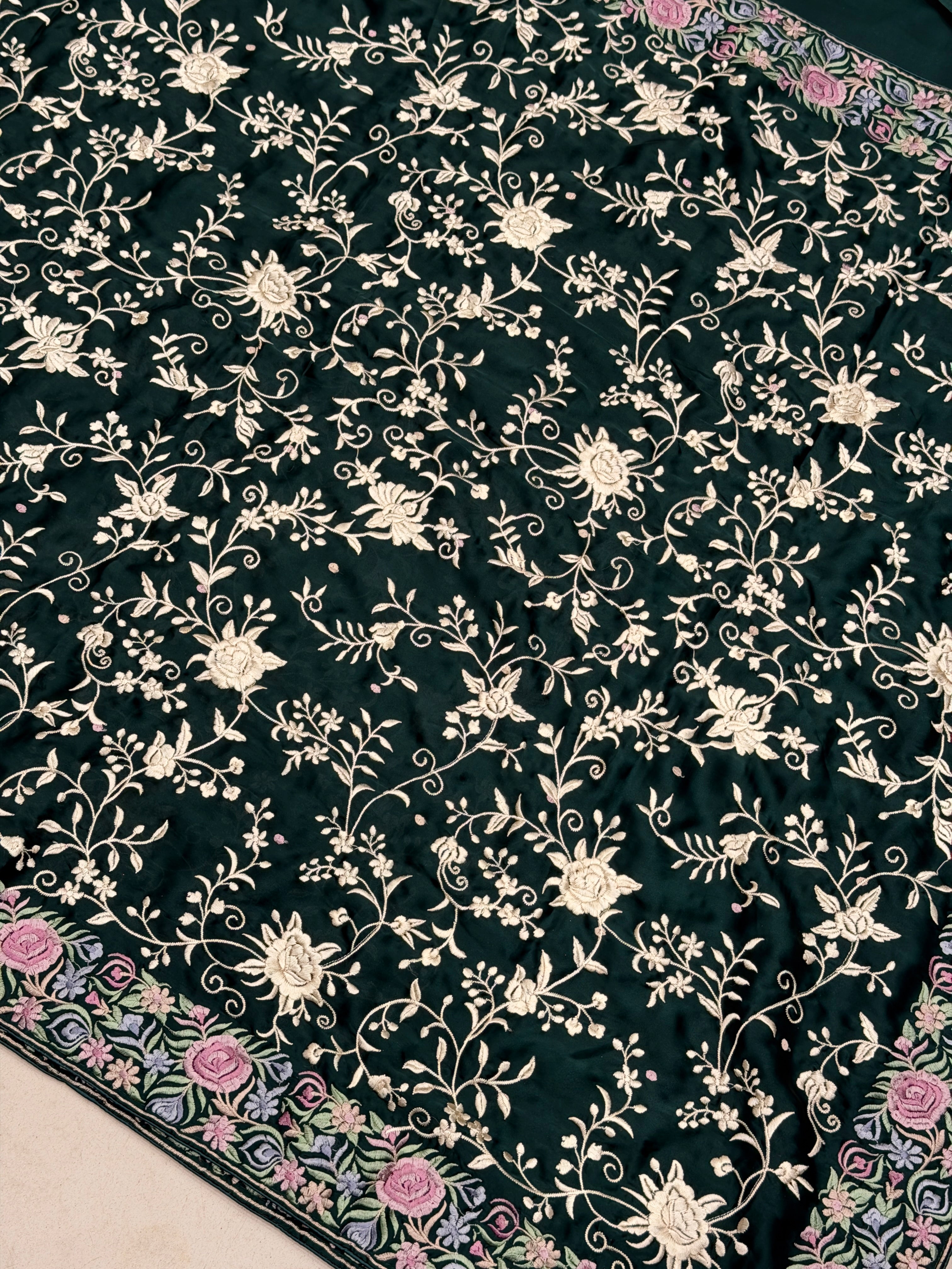 Bottle Green Crepe Floral Multi Resham Border Parsi Gara Saree