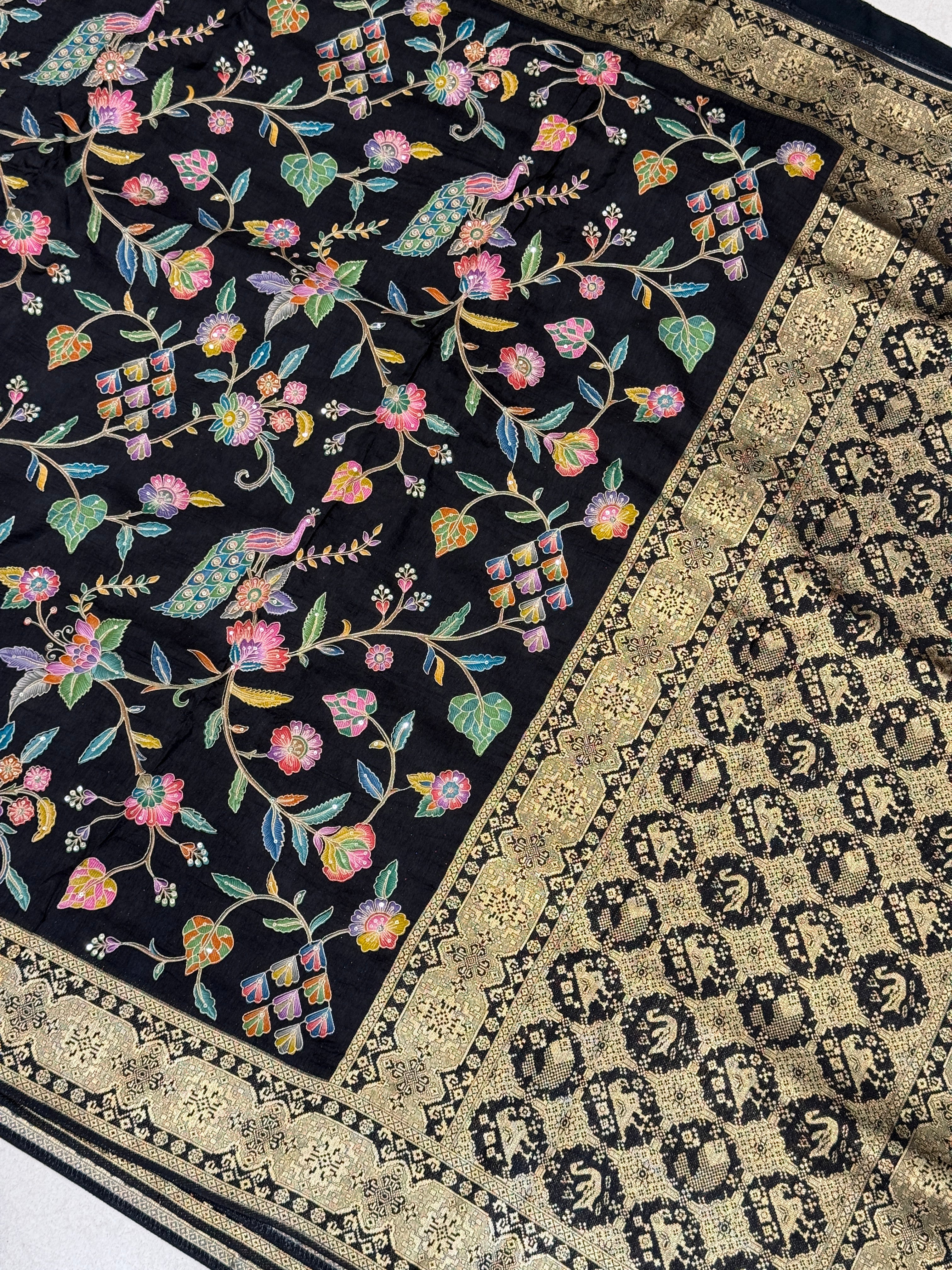 Black Banarasi Munga Silk Saree With Pita Embroidery