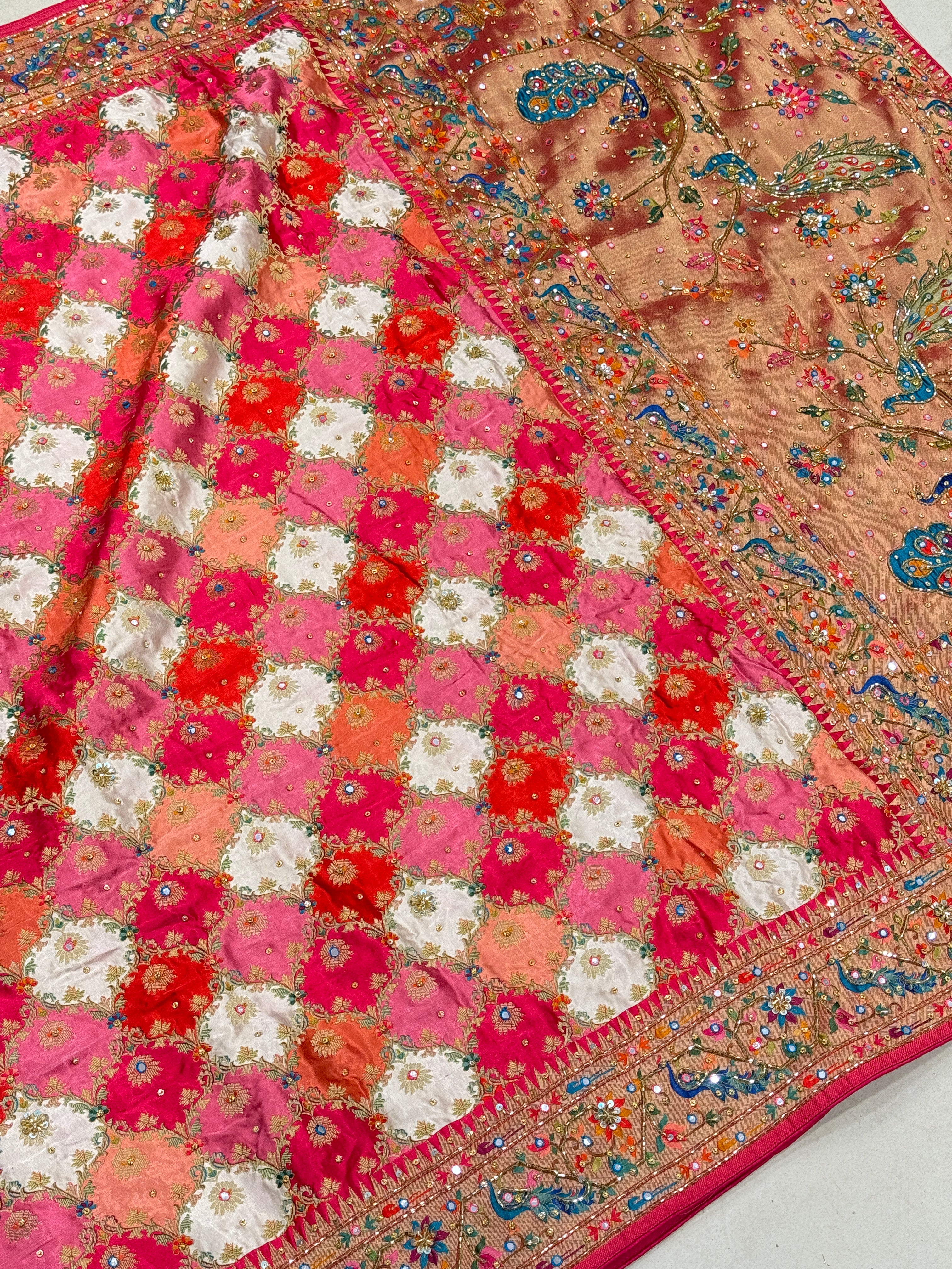 Orange White Banarasi Modal Rangkat Hand Embroidery Saree