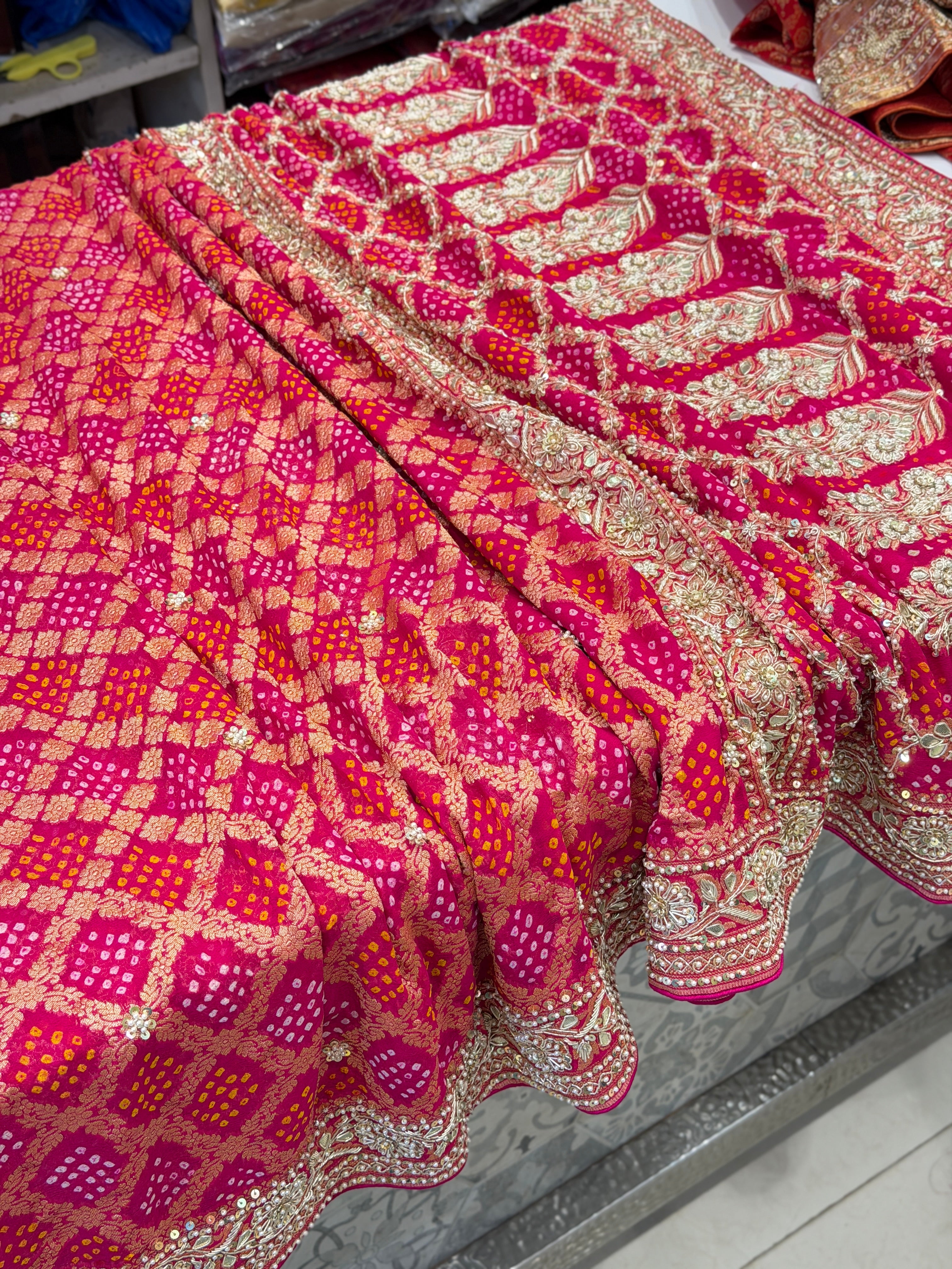 Rani Pink Rai Bandhej Zardosi Hand Embroidery Saree