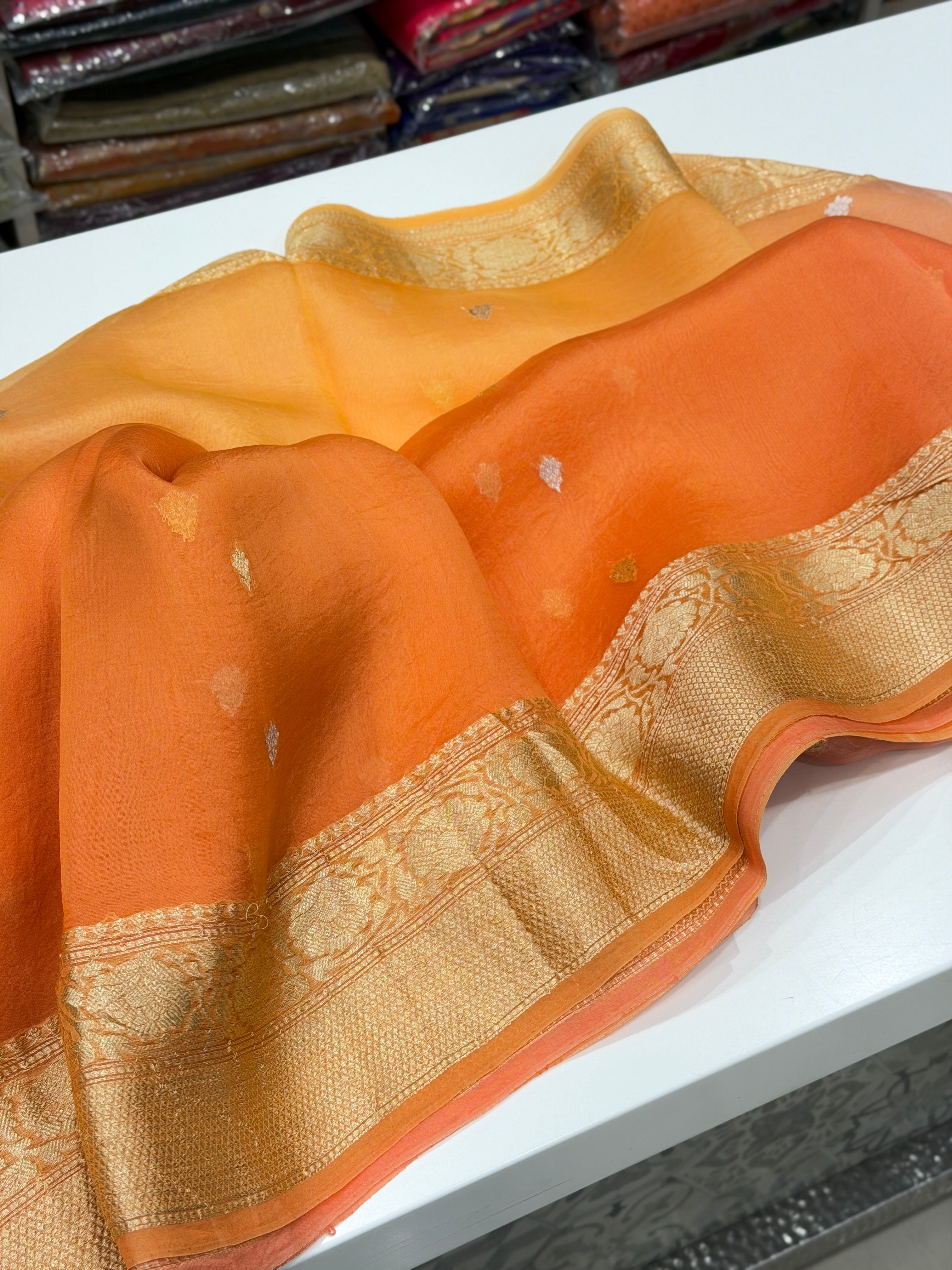 Orange Shaded Buttis Banarasi Handloom Kora Saree
