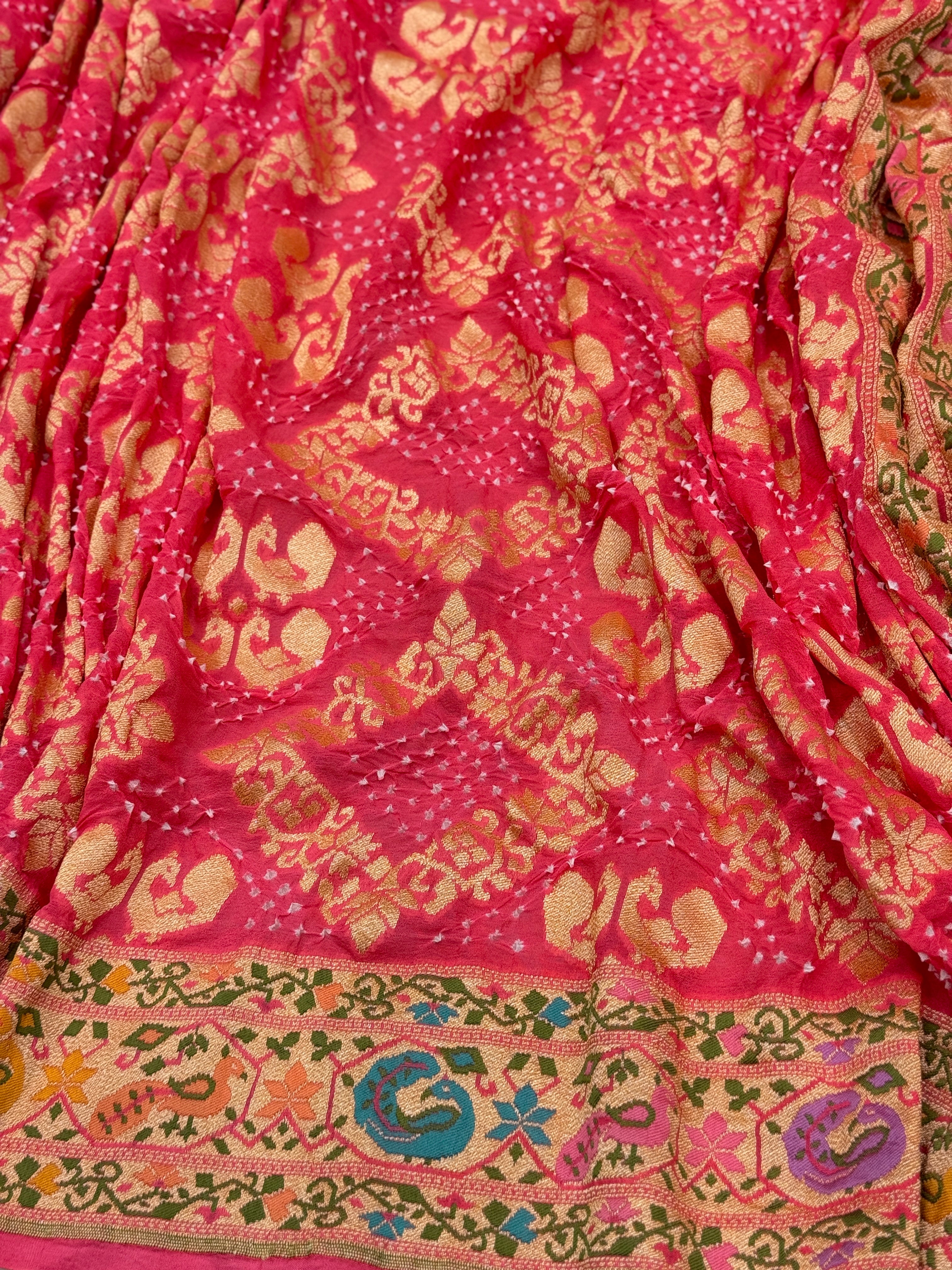 Peach Meenakari Rai Peacock Parrot Theme Bandhej Saree