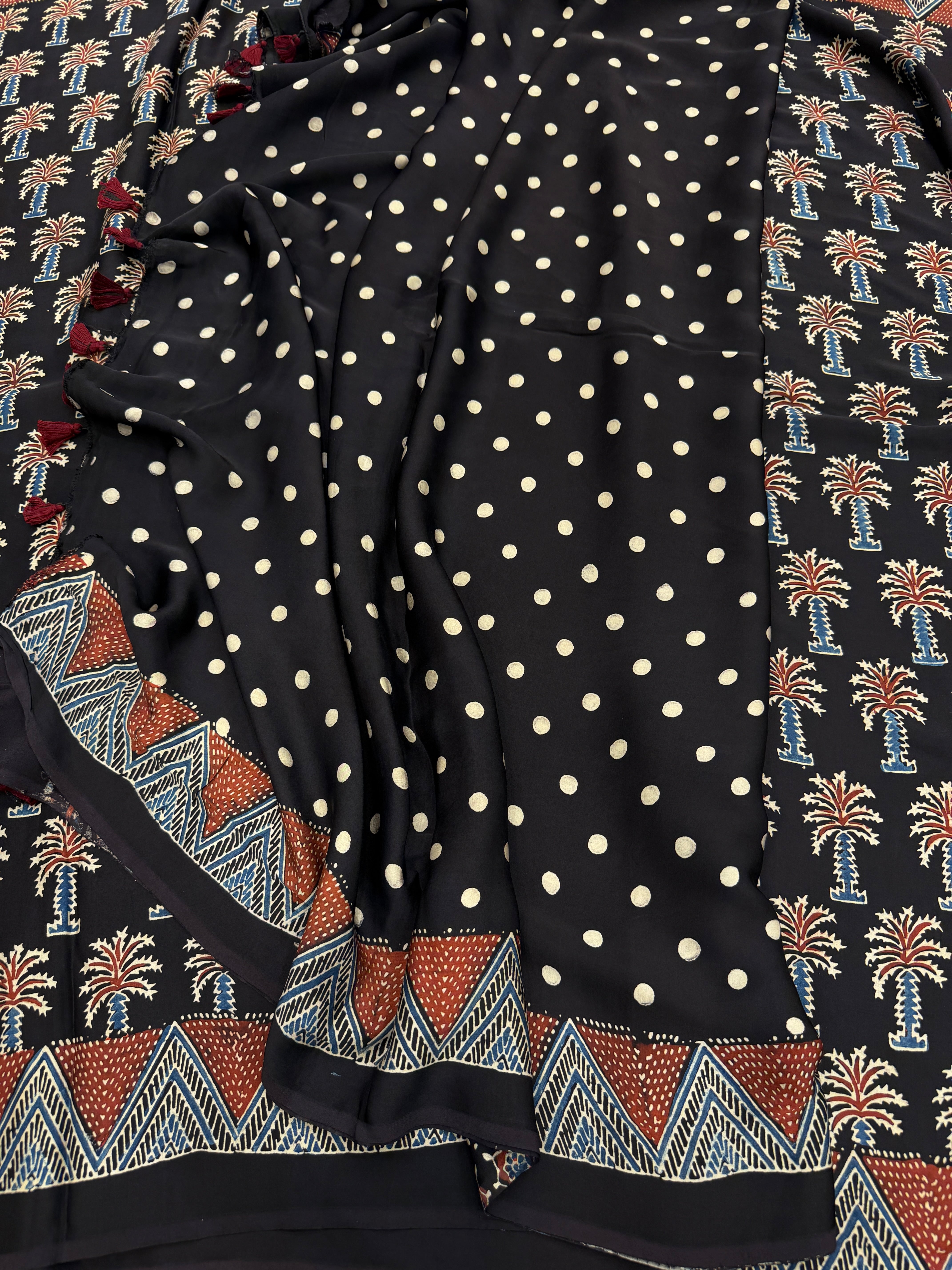 Black Palm Tree Butta Ajrakh Hand Block Print Pure Gajji Silk Saree