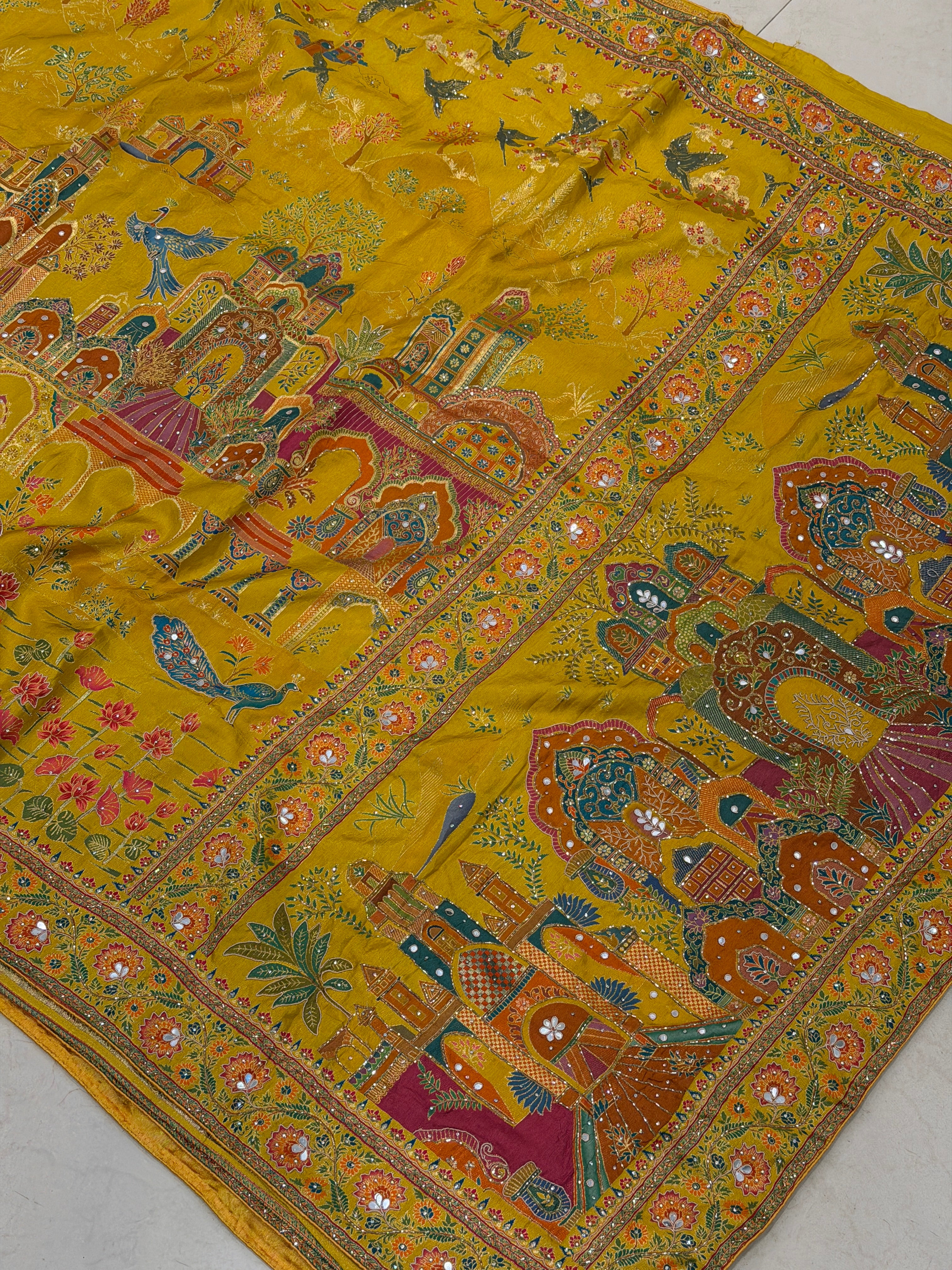 Yellow Palace Landscape Hand Embroidery Pashmina Saree