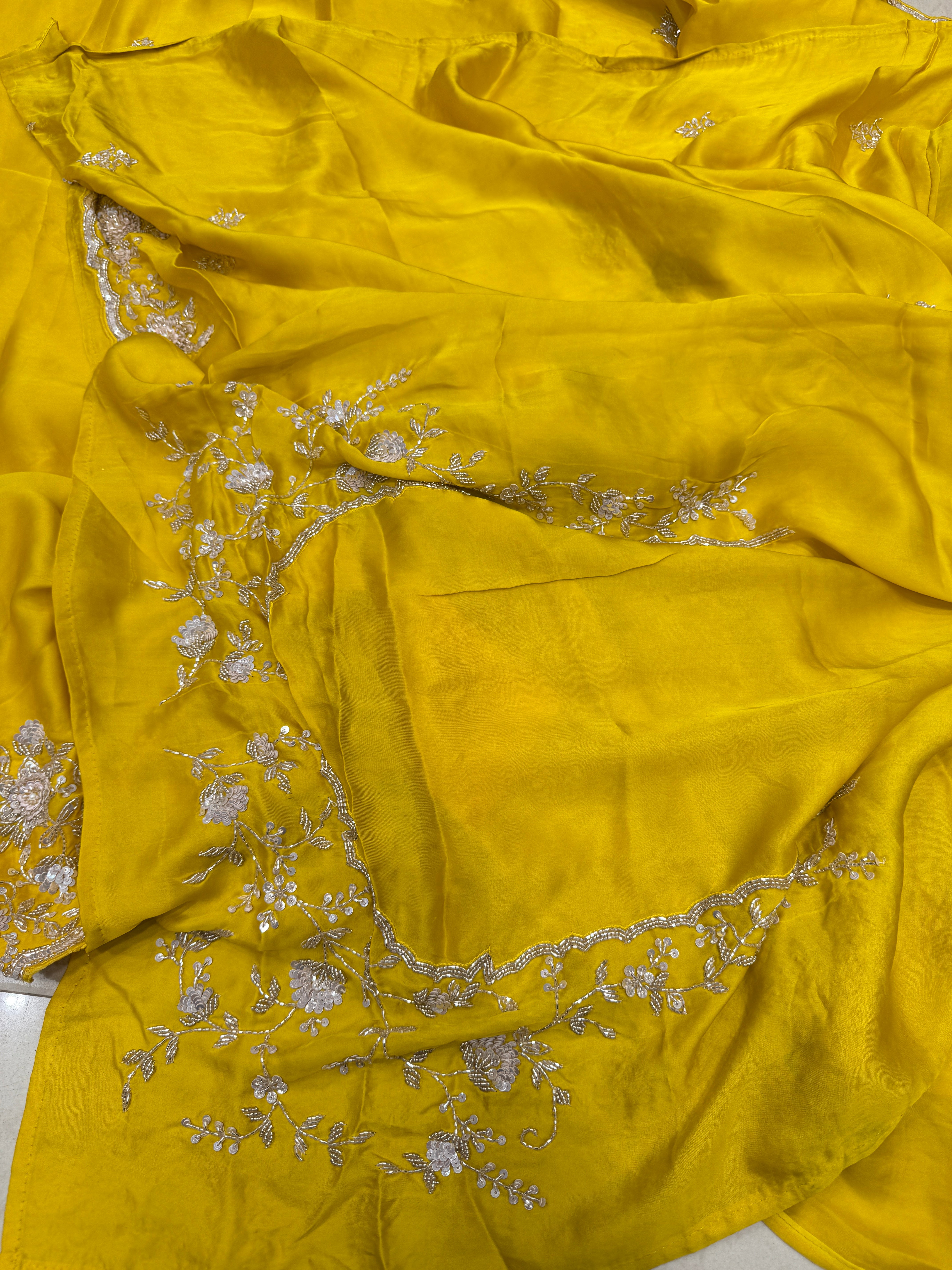 Yellow Satin Silk Hand Embroidery Moti Cutdana Saree