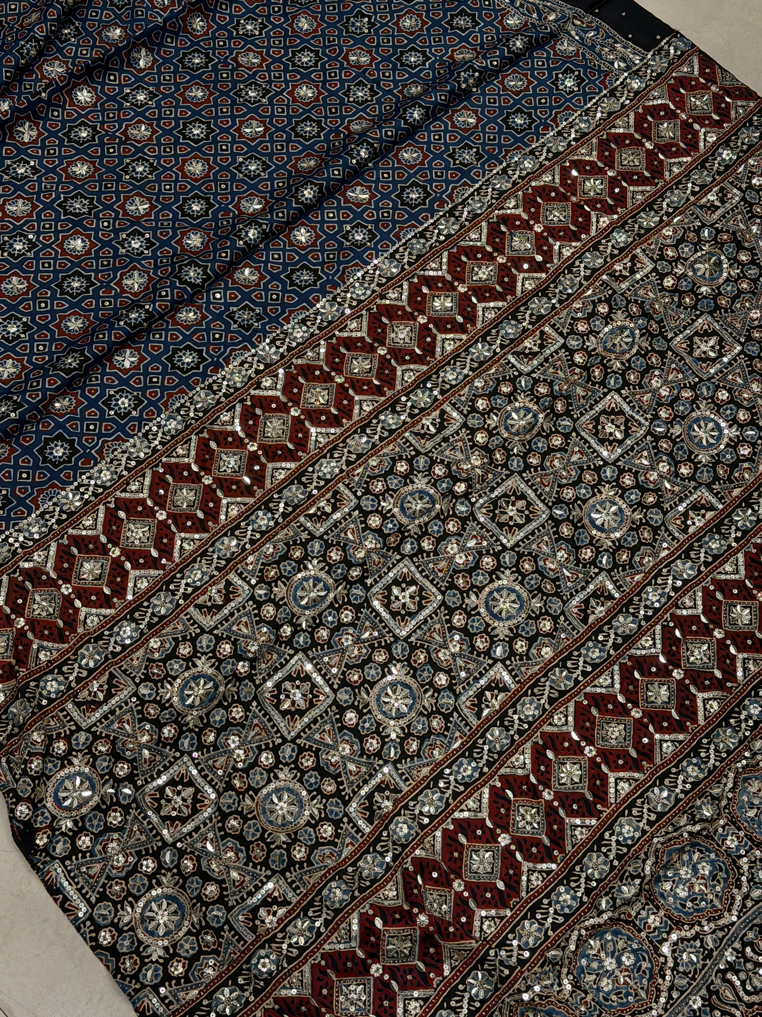 Blue Four Square Moti Sequin Ajrakh Hand Embroidery Saree