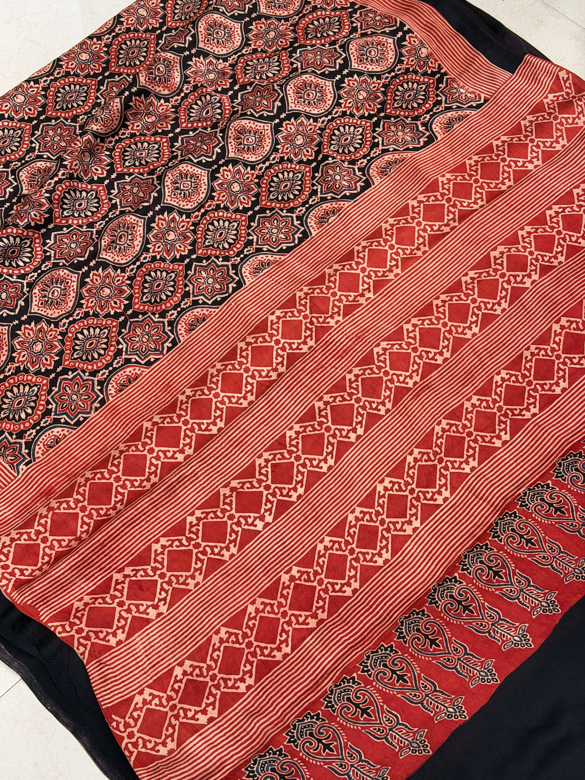 Red Badam Butta Jaal Ajrakh Hand Block Print Pure Gajji Silk Saree