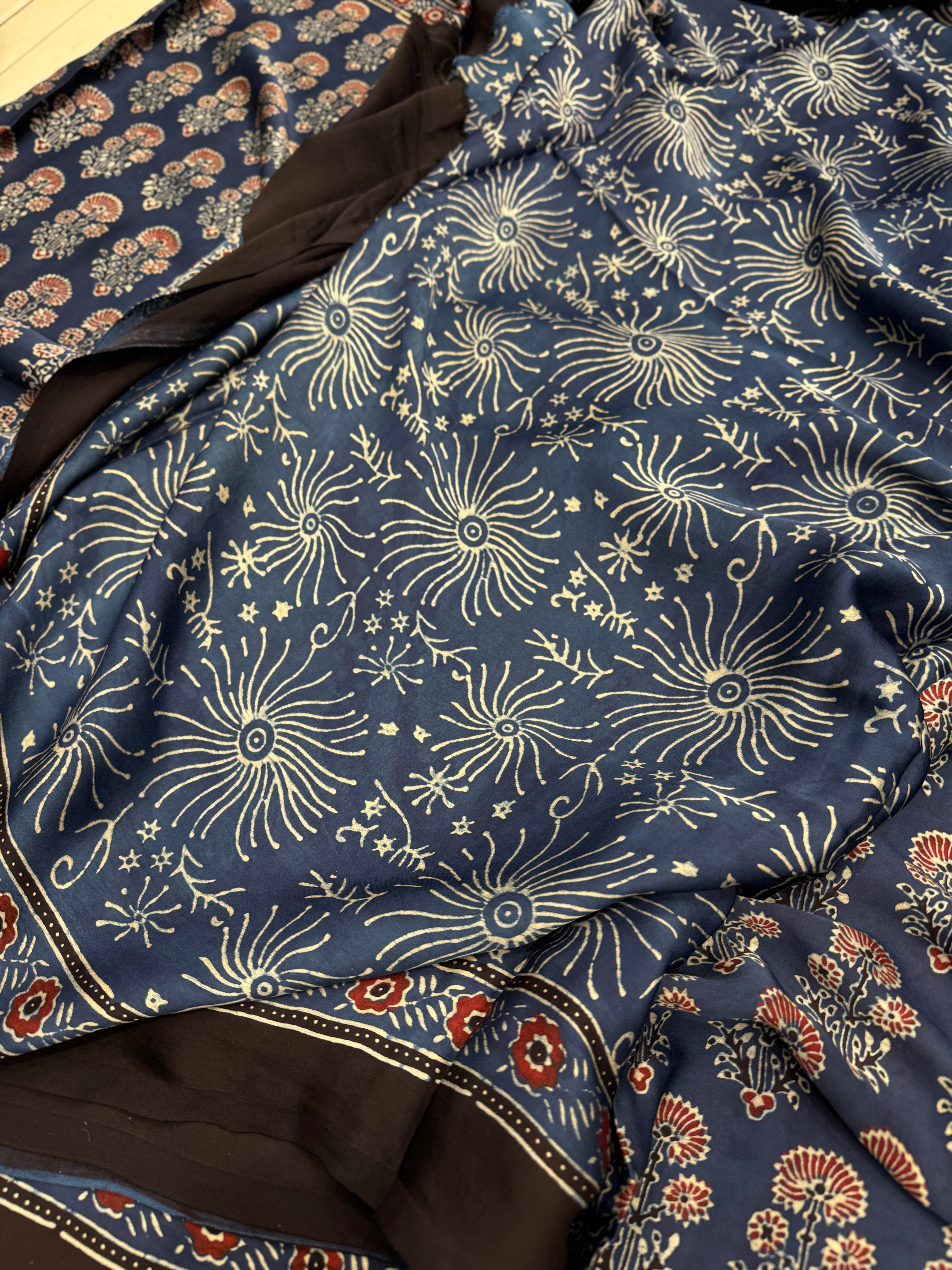 Blue Floral Buttas Floral Pallu Hand Block Print Ajrkah Pure Gajji Silk Saree
