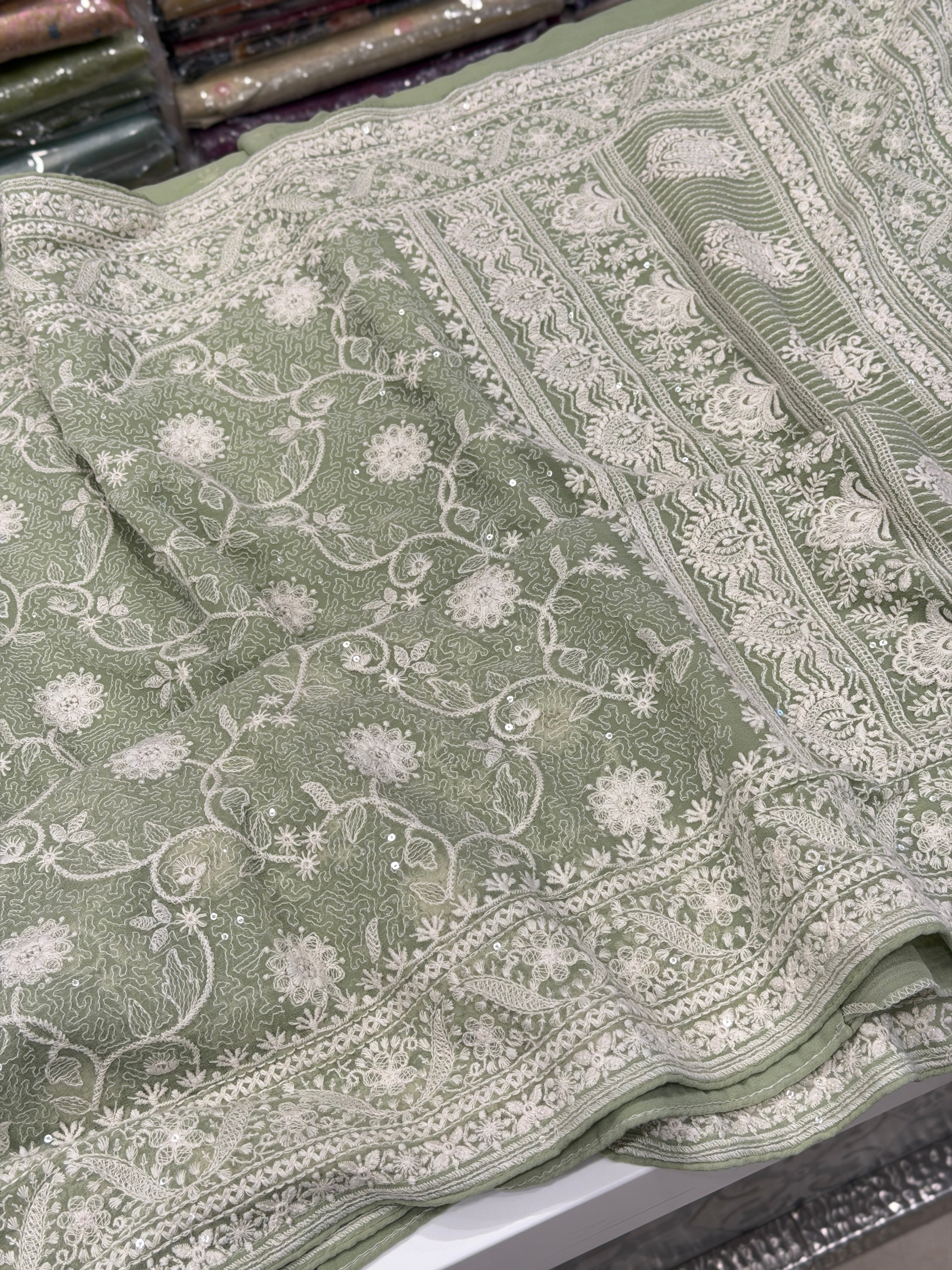 Pista Green Georgette Chikankari Line Jaal Resham Embroidery Saree