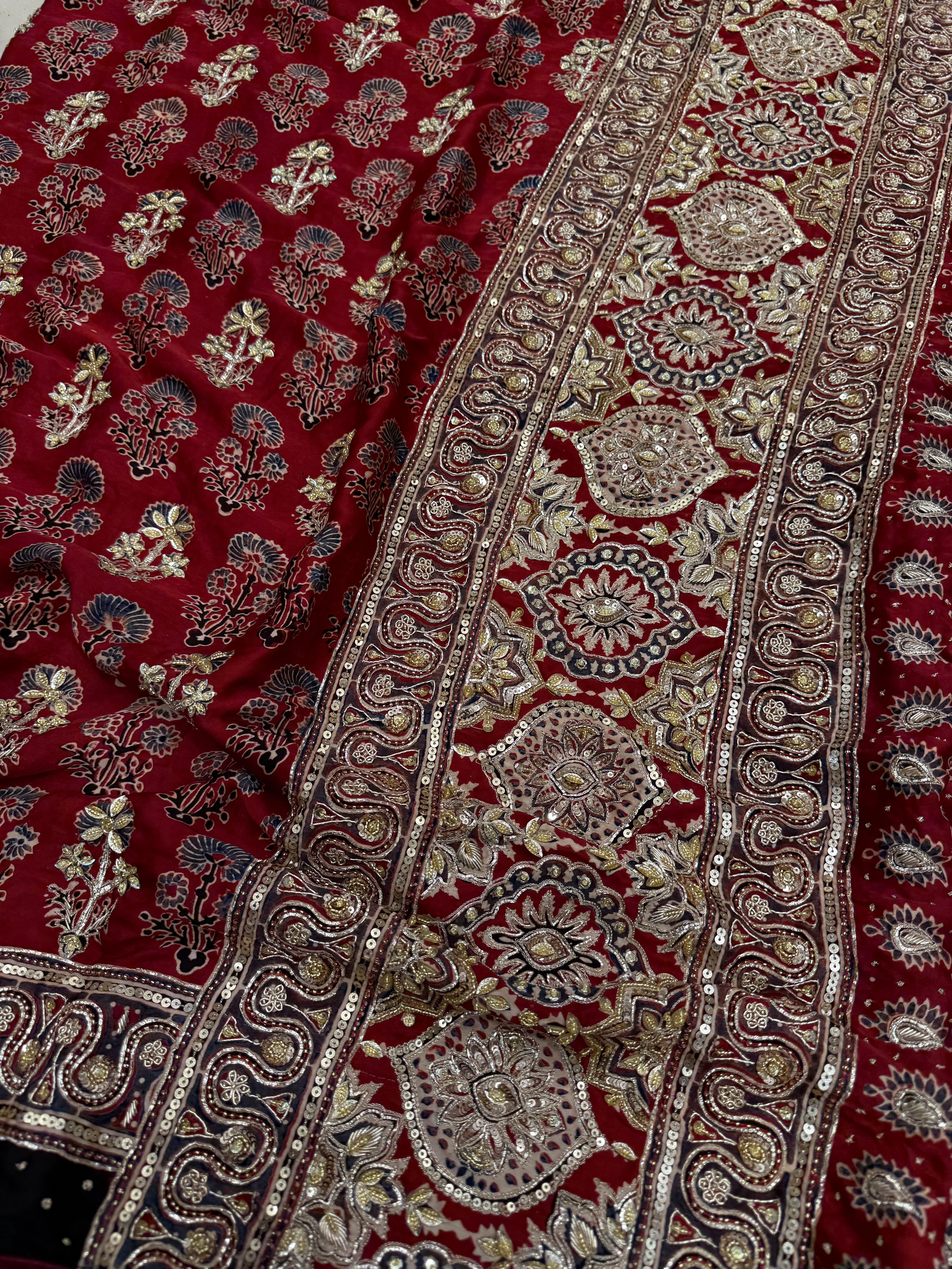 Red Buttis Pita Zardosi Sequin Ajrakh Hand Embroidery Saree